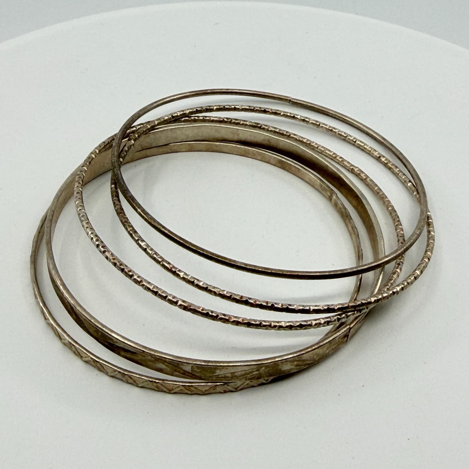 Stacked Silver Tone Bangle Bracelet Set Textured Boho Statement Stack Classic - Thumbnail 4