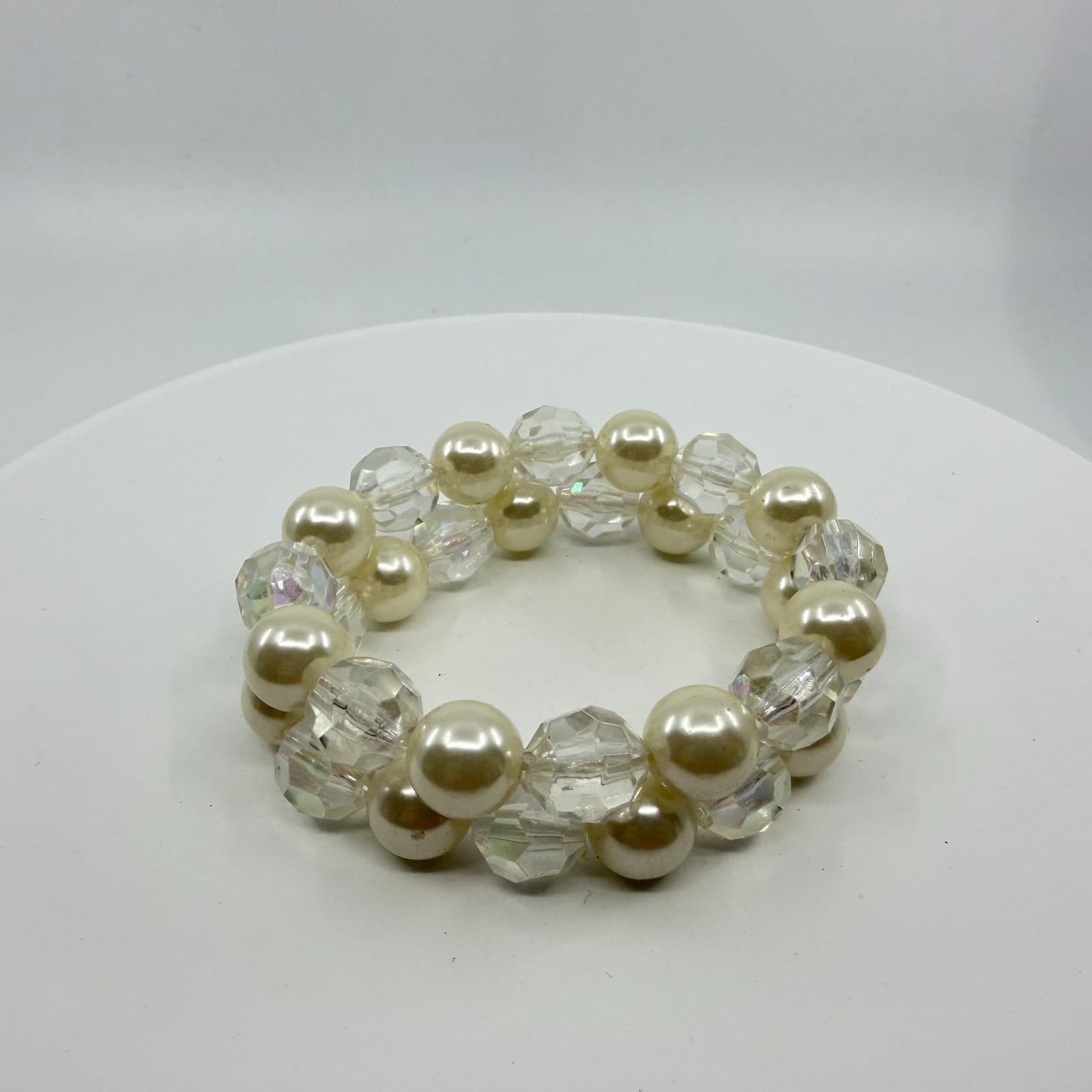 Chunky Coquette Faux Pearl Layering Cuff Bracelet Clear AB Crystal Boho Gift - Thumbnail 2