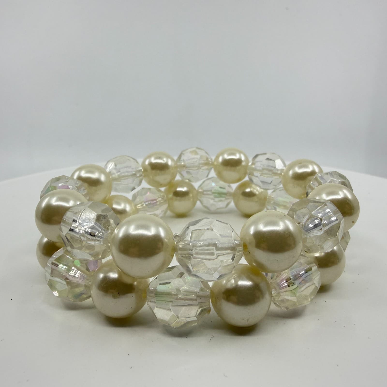 Chunky Coquette Faux Pearl Layering Cuff Bracelet Clear AB Crystal Boho Gift - Thumbnail 3