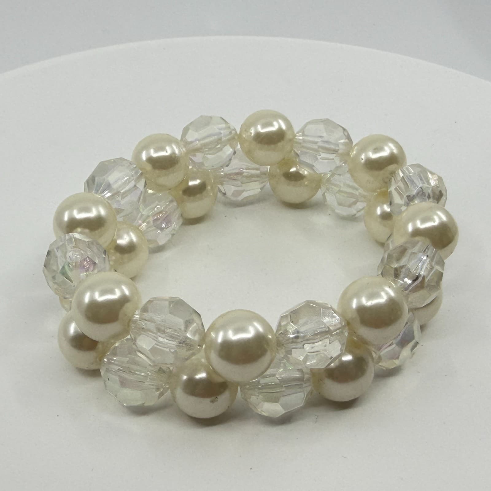 Chunky Coquette Faux Pearl Layering Cuff Bracelet Clear AB Crystal Boho Gift - Thumbnail 5