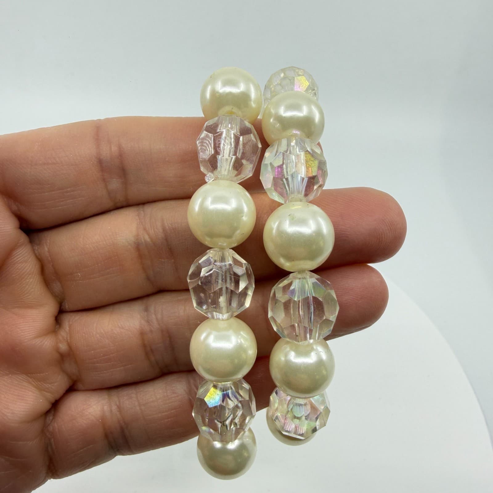 Chunky Coquette Faux Pearl Layering Cuff Bracelet Clear AB Crystal Boho Gift - Thumbnail 6