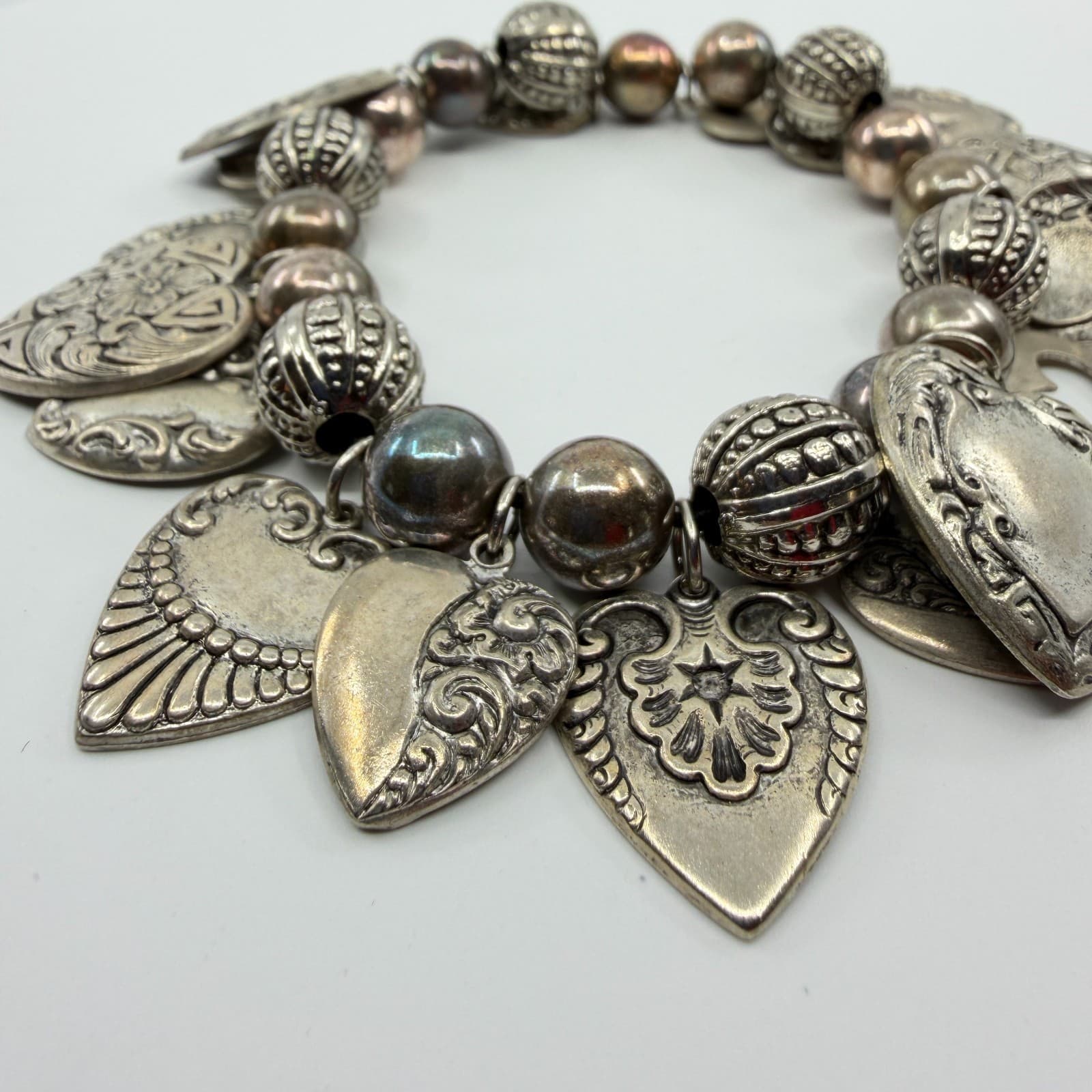 Ornate Heart Charm Bracelet Silver Tone Chunky Boho Romantic Festival Layering - Thumbnail 2