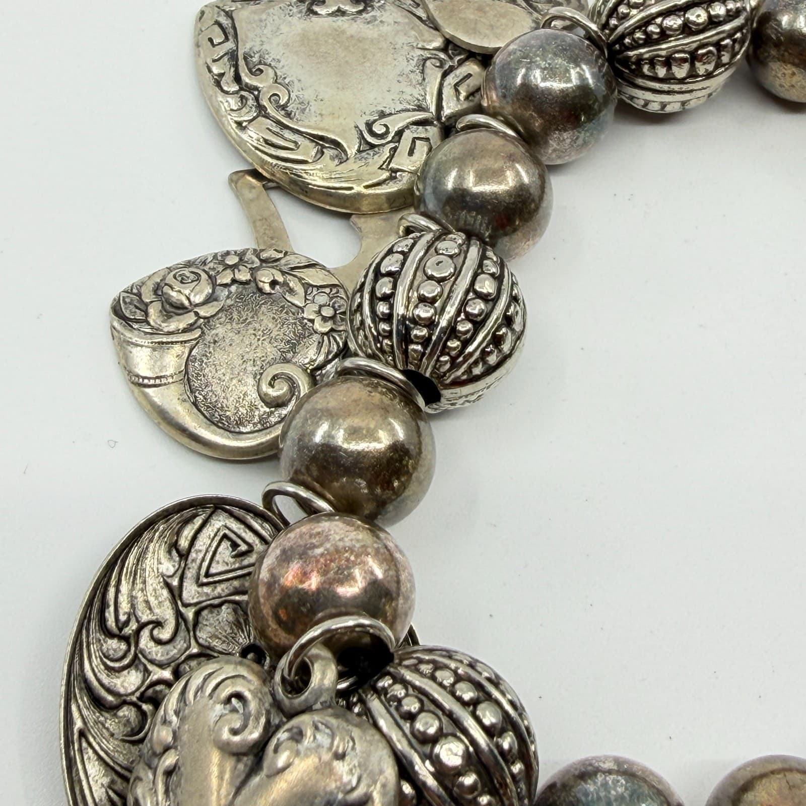 Ornate Heart Charm Bracelet Silver Tone Chunky Boho Romantic Festival Layering - Thumbnail 7
