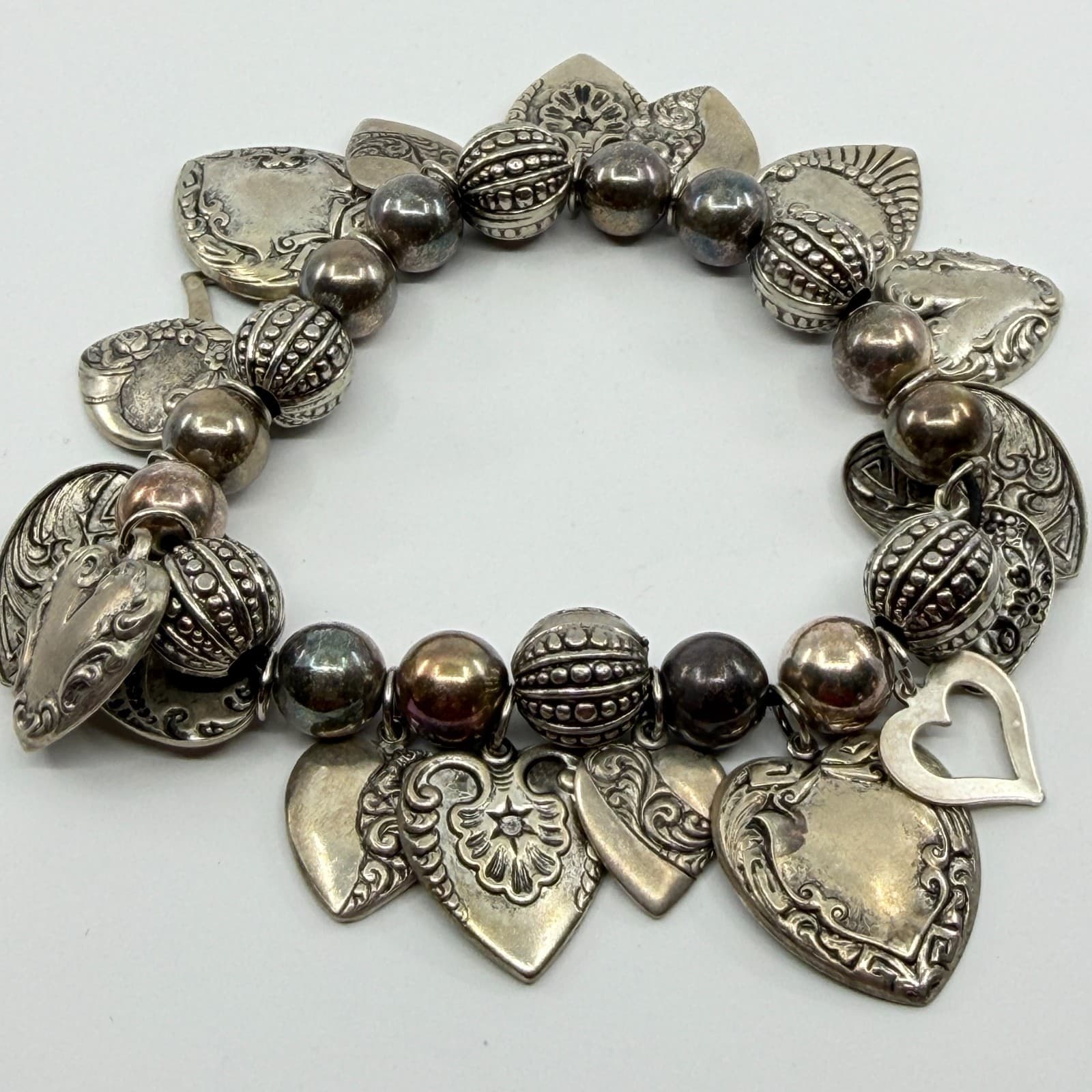 Ornate Heart Charm Bracelet Silver Tone Chunky Boho Romantic Festival Layering - Thumbnail 5