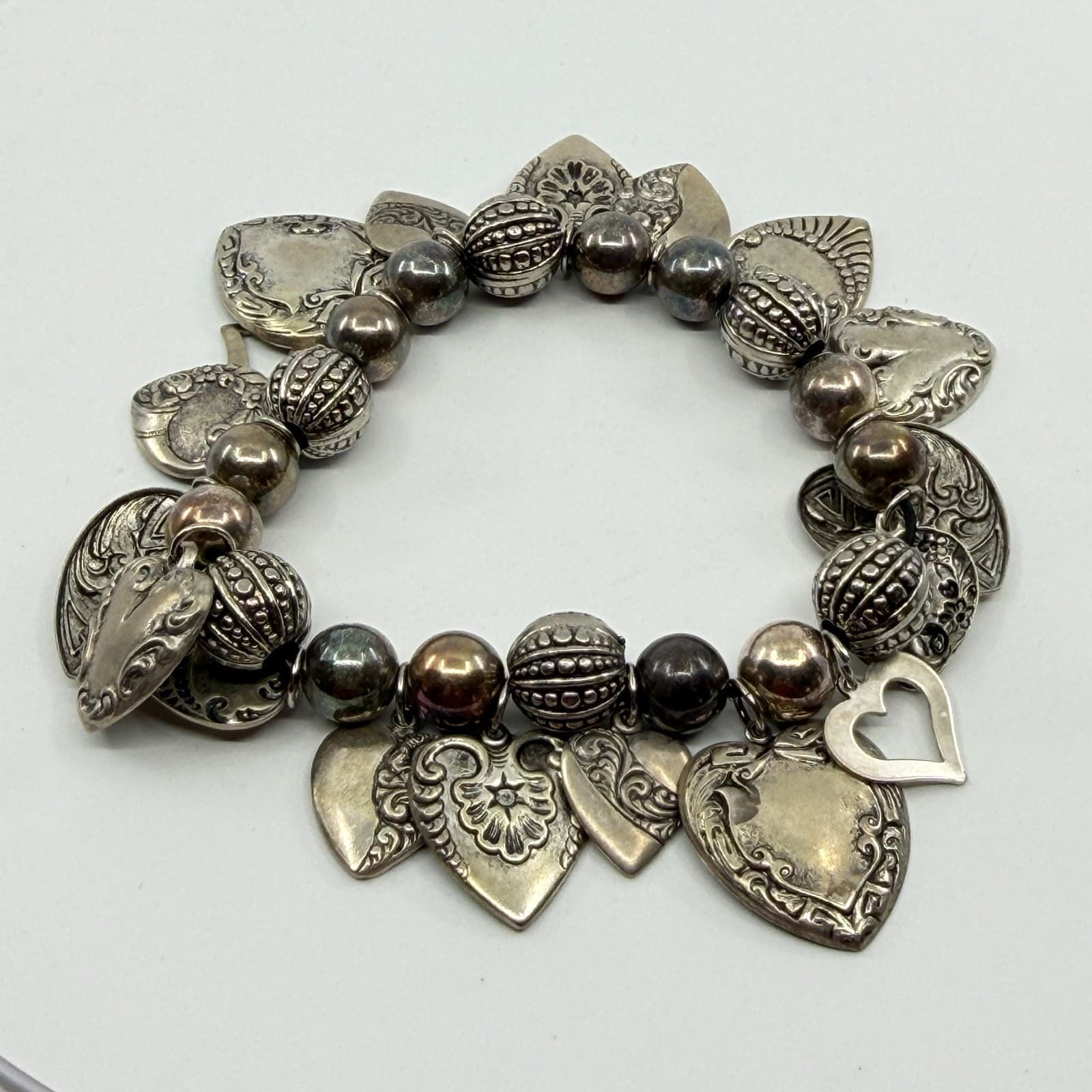 Ornate Heart Charm Bracelet Silver Tone Chunky Boho Romantic Festival Layering - Thumbnail 6