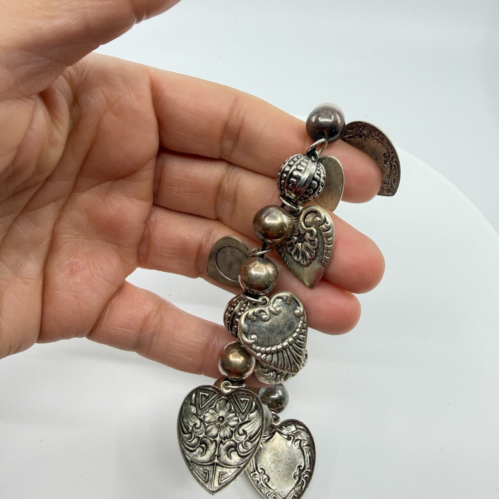 Ornate Heart Charm Bracelet Silver Tone Chunky Boho Romantic Festival Layering - Thumbnail 8