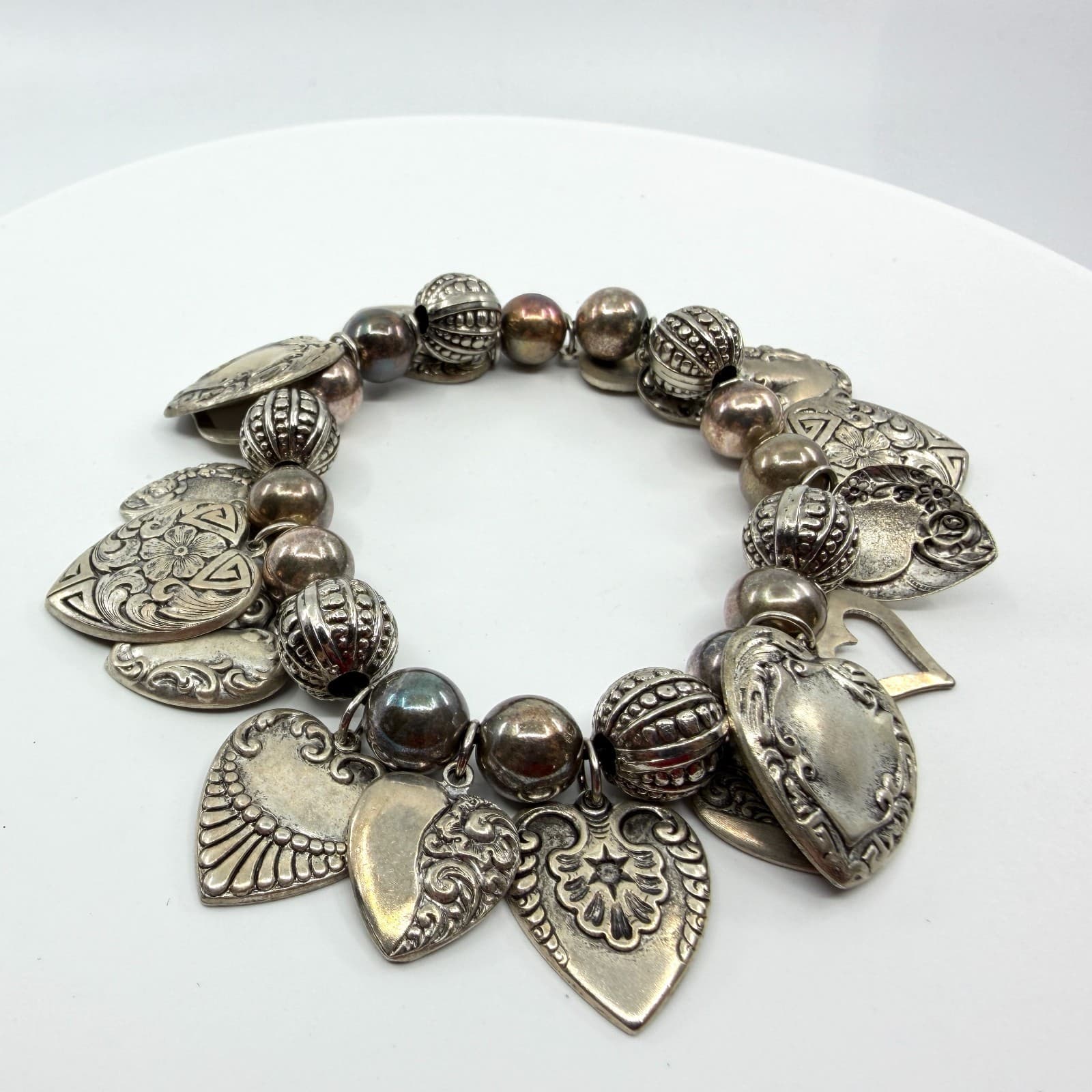 Ornate Heart Charm Bracelet Silver Tone Chunky Boho Romantic Festival Layering