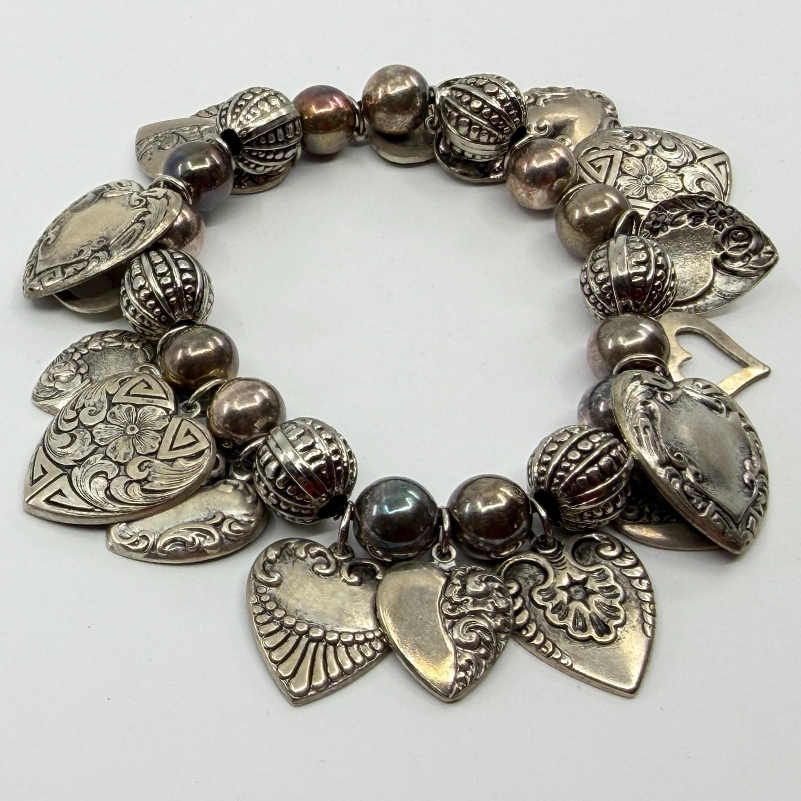 Ornate Heart Charm Bracelet Silver Tone Chunky Boho Romantic Festival Layering - Thumbnail 4