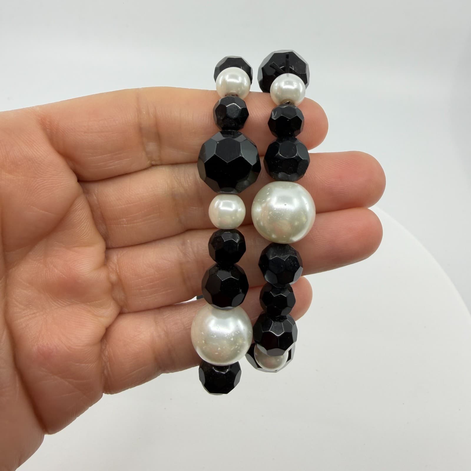 Gothic Black Chunky Faux Pearl Stretch Bracelet Layering Goth Statement Gift - Thumbnail 8