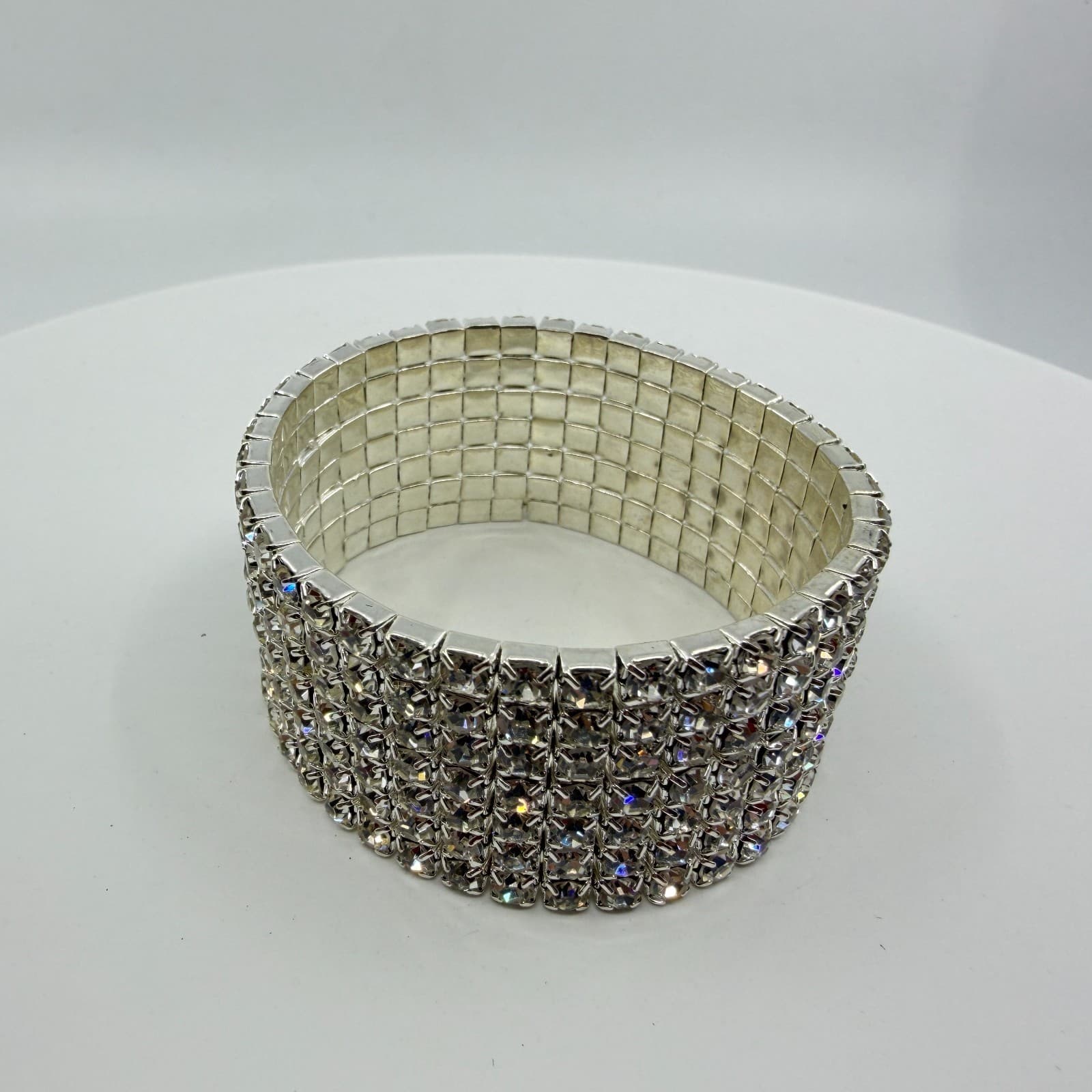 Chunky Silver Tone Rhinestone Wide Multi Row Elastic Cuff Stretch Bracelet Gift - Thumbnail 3