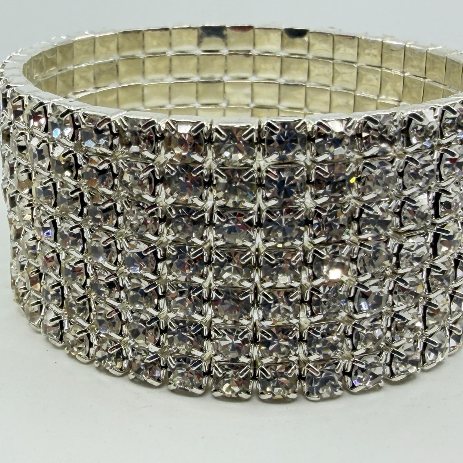Chunky Silver Tone Rhinestone Wide Multi Row Elastic Cuff Stretch Bracelet Gift - Thumbnail 4