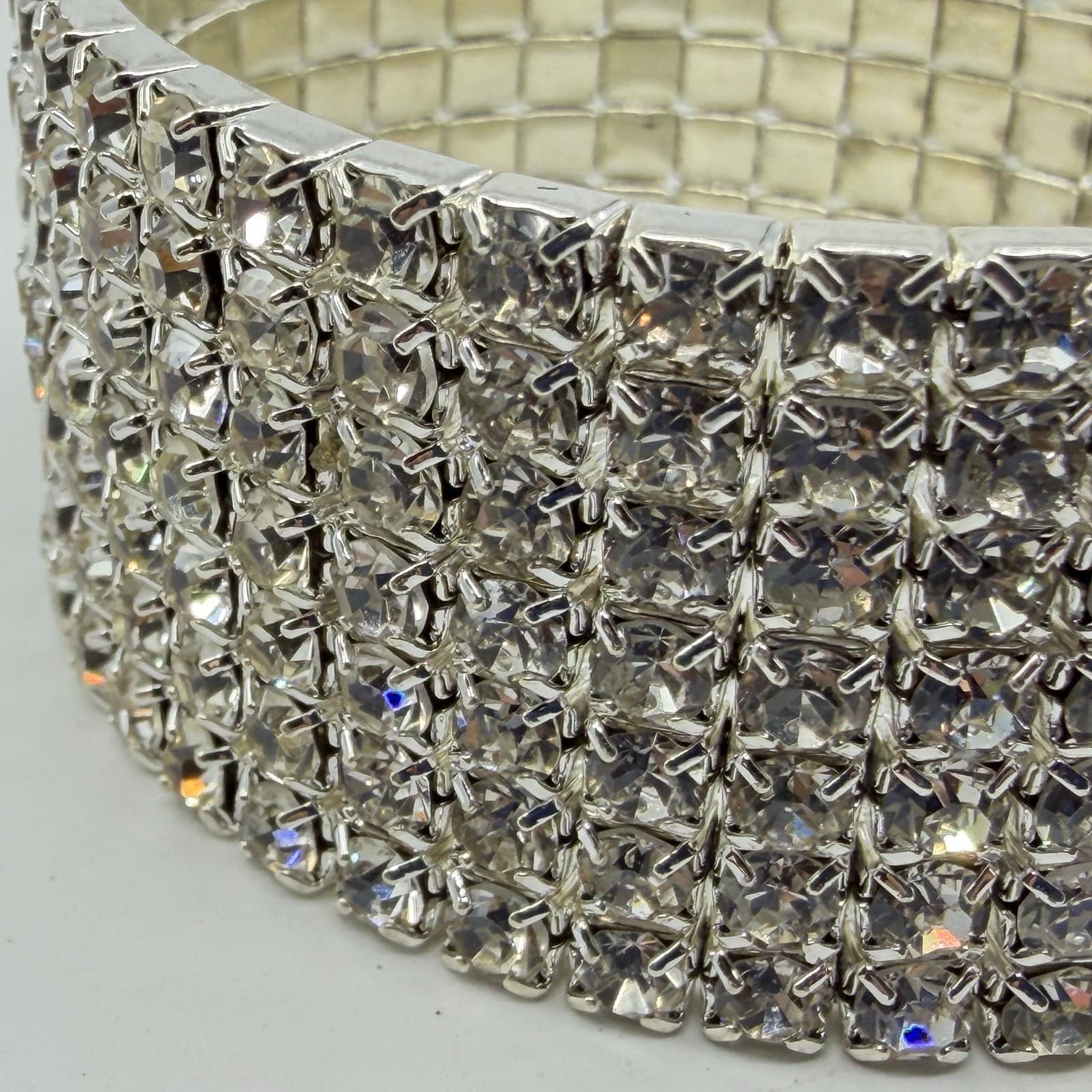 Chunky Silver Tone Rhinestone Wide Multi Row Elastic Cuff Stretch Bracelet Gift - Thumbnail 5