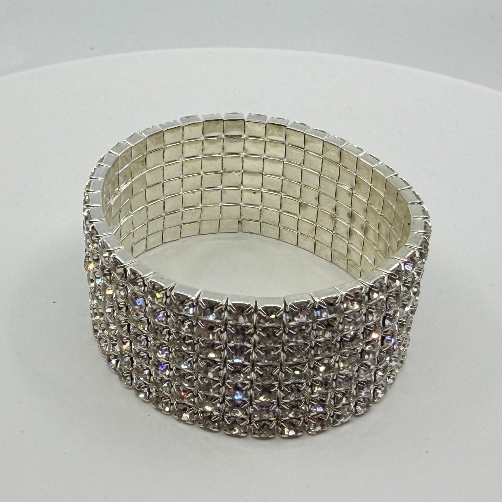 Chunky Silver Tone Rhinestone Wide Multi Row Elastic Cuff Stretch Bracelet Gift - Thumbnail 6