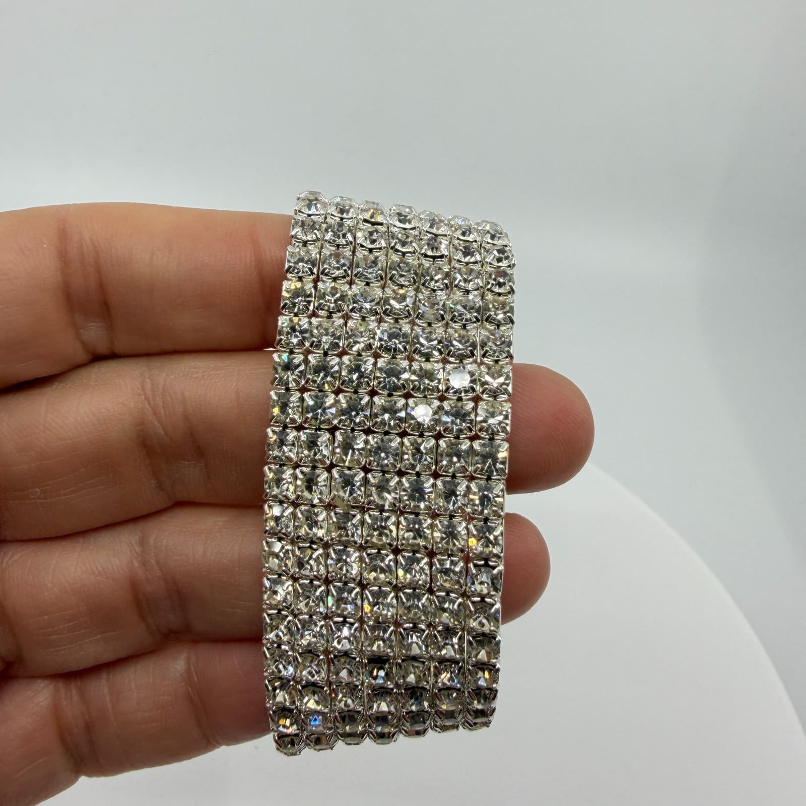 Chunky Silver Tone Rhinestone Wide Multi Row Elastic Cuff Stretch Bracelet Gift - Thumbnail 2