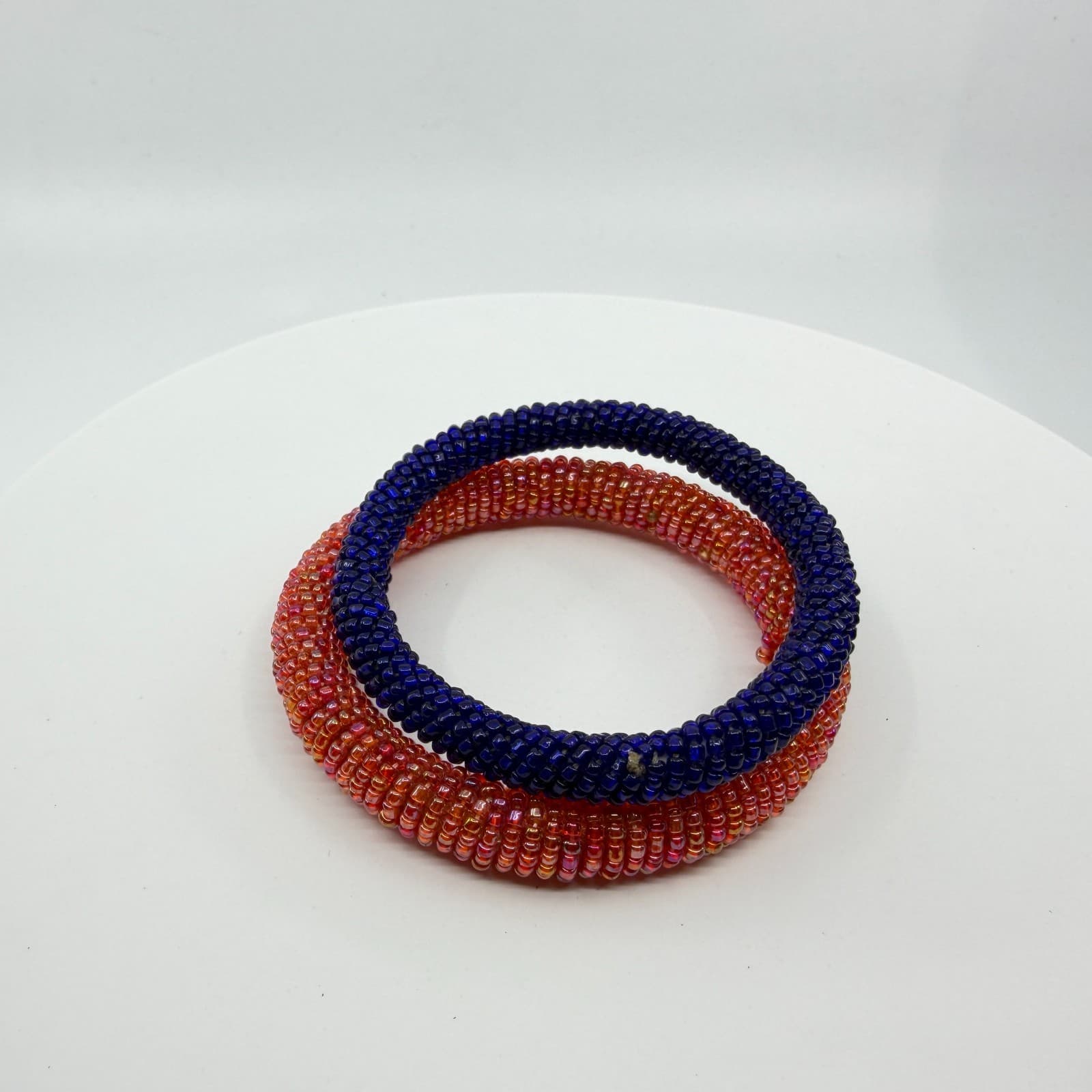 Boho Glass Seed Bead Roll On Bangle Bracelet Set Chunky Blue Pink Statement - Thumbnail 2