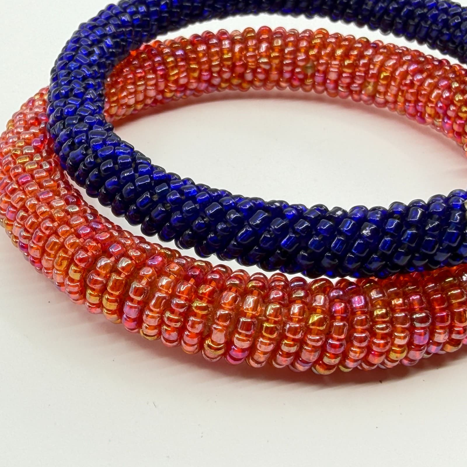 Boho Glass Seed Bead Roll On Bangle Bracelet Set Chunky Blue Pink Statement - Thumbnail 3