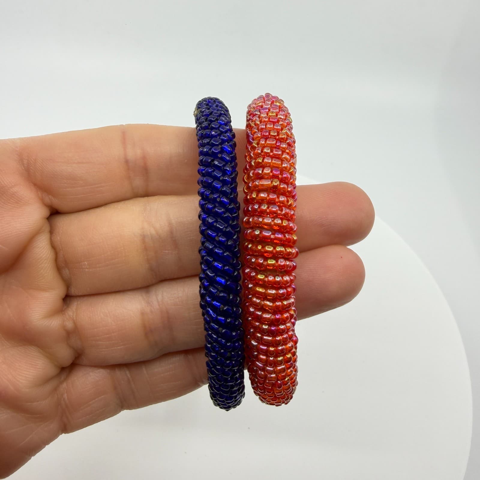 Boho Glass Seed Bead Roll On Bangle Bracelet Set Chunky Blue Pink Statement - Thumbnail 5