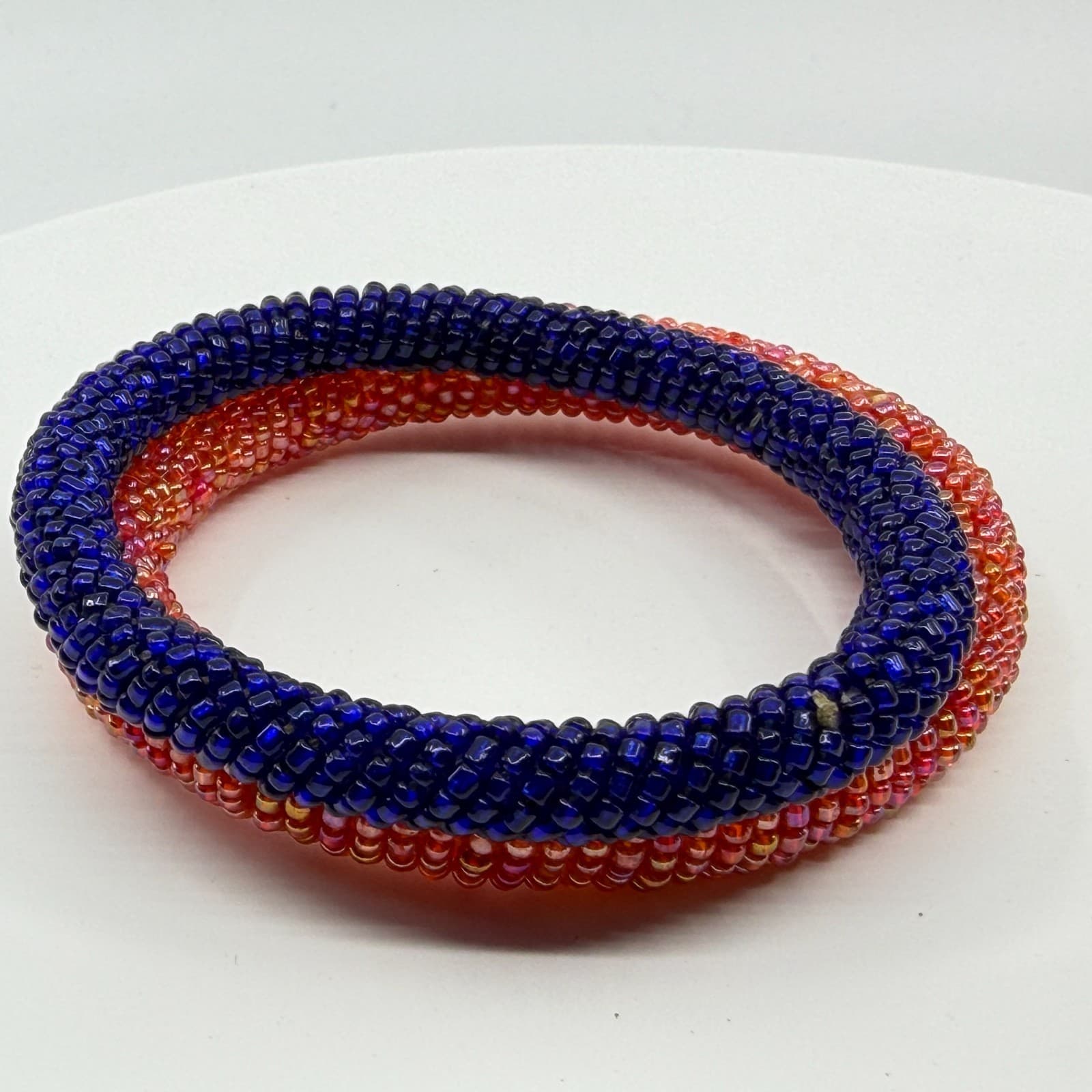 Boho Glass Seed Bead Roll On Bangle Bracelet Set Chunky Blue Pink Statement - Thumbnail 8