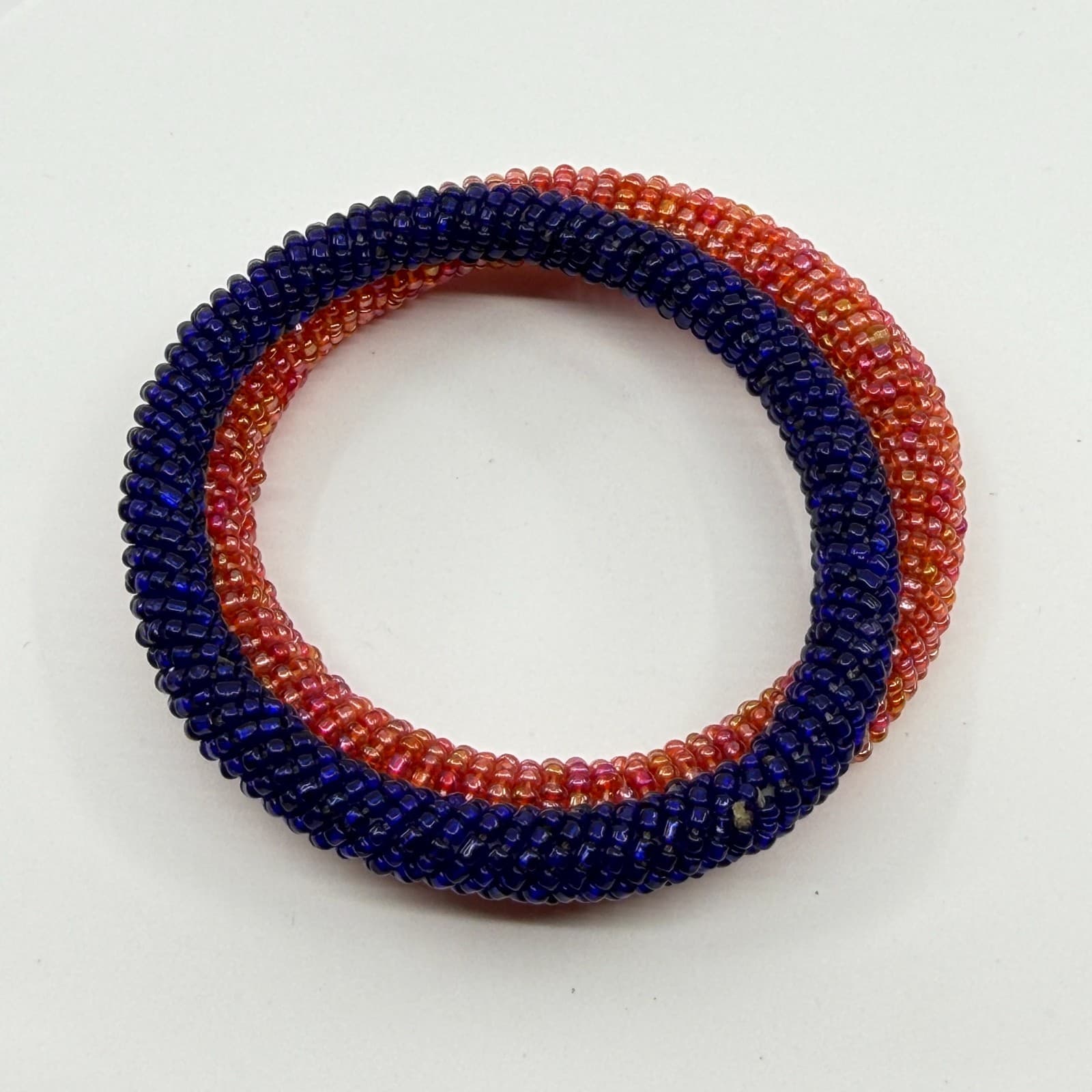 Boho Glass Seed Bead Roll On Bangle Bracelet Set Chunky Blue Pink Statement - Thumbnail 6