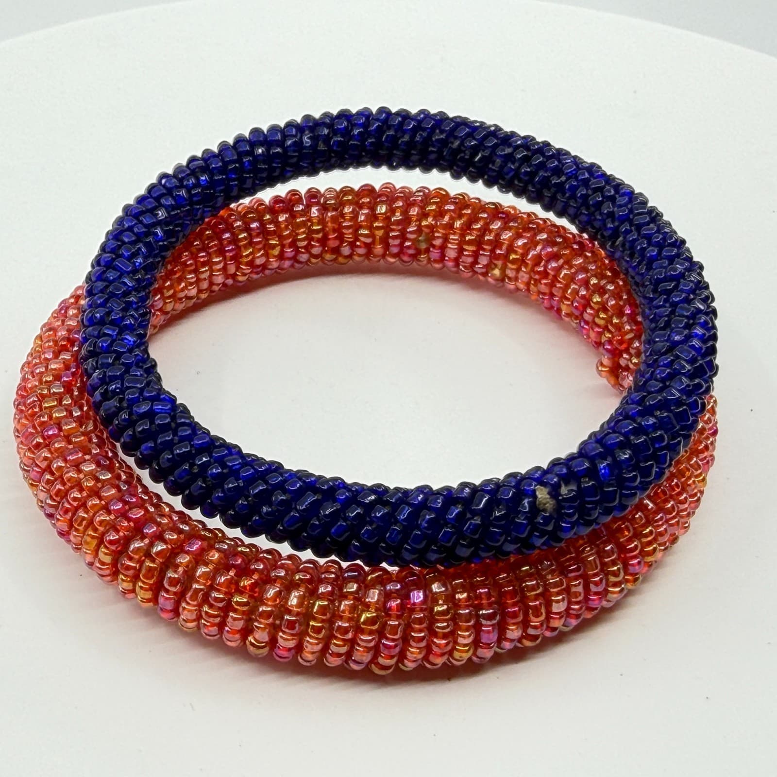 Boho Glass Seed Bead Roll On Bangle Bracelet Set Chunky Blue Pink Statement - Thumbnail 4