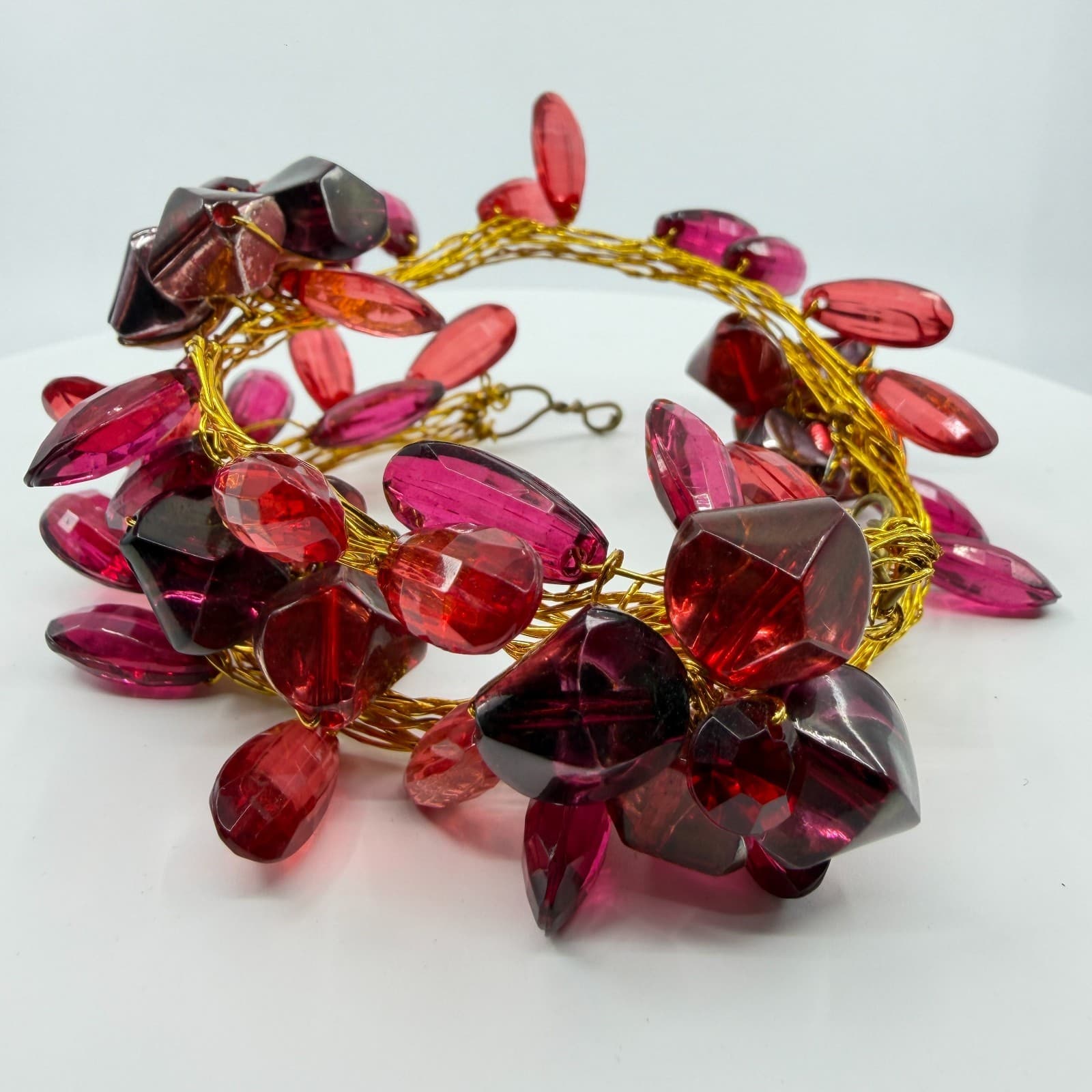 Gothic Red Lucite Statement Cuff Bracelet Chunky Gold Tone Wire Wrapped Layering - Thumbnail 3