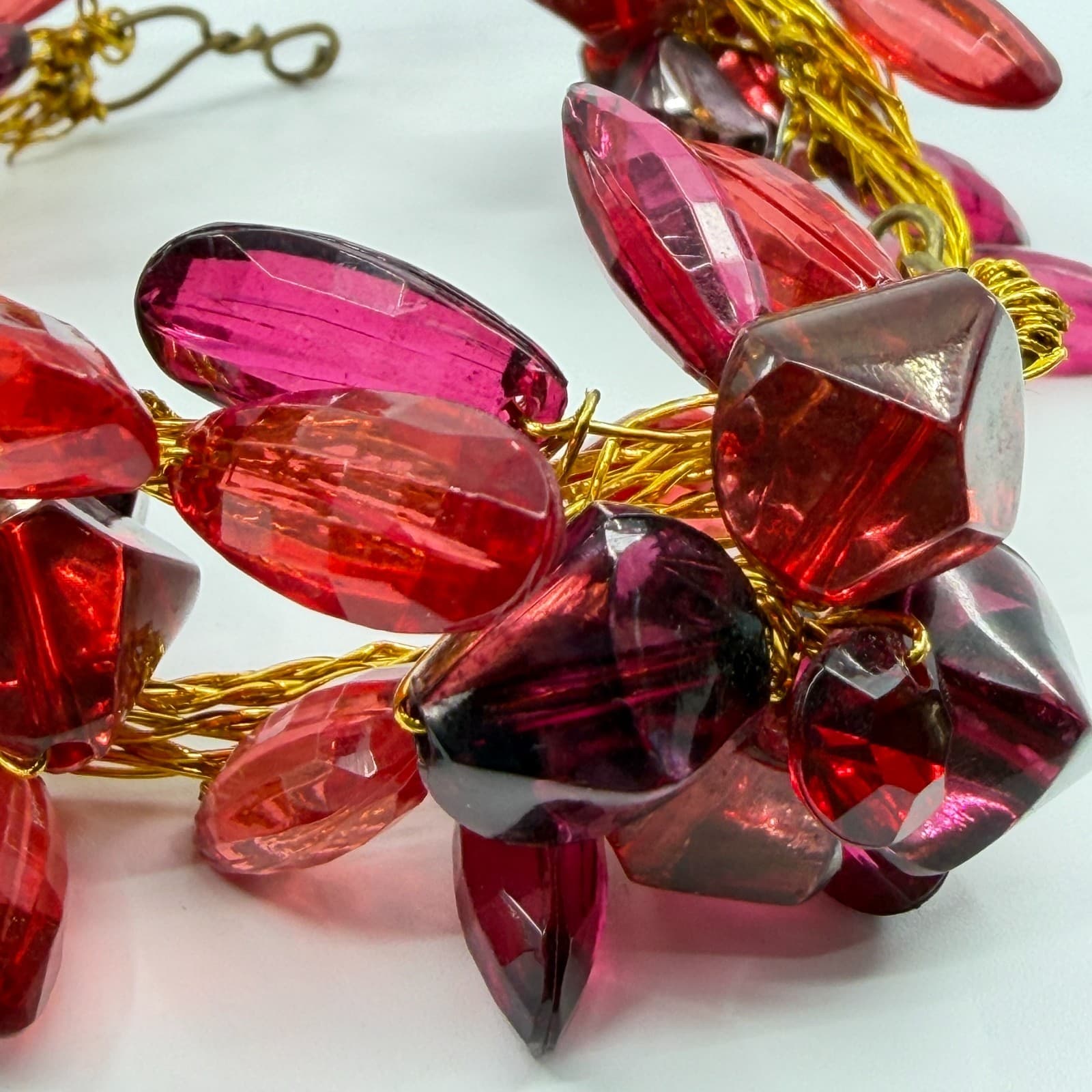 Gothic Red Lucite Statement Cuff Bracelet Chunky Gold Tone Wire Wrapped Layering - Thumbnail 6