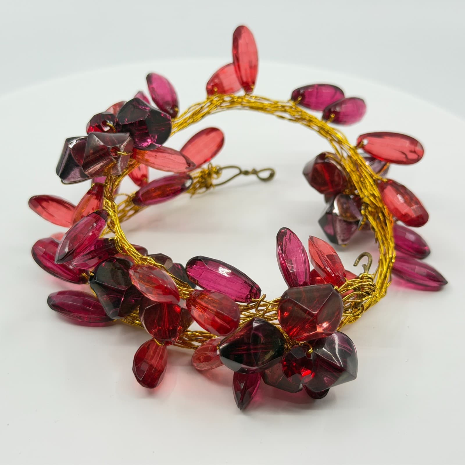 Gothic Red Lucite Statement Cuff Bracelet Chunky Gold Tone Wire Wrapped Layering - Thumbnail 8