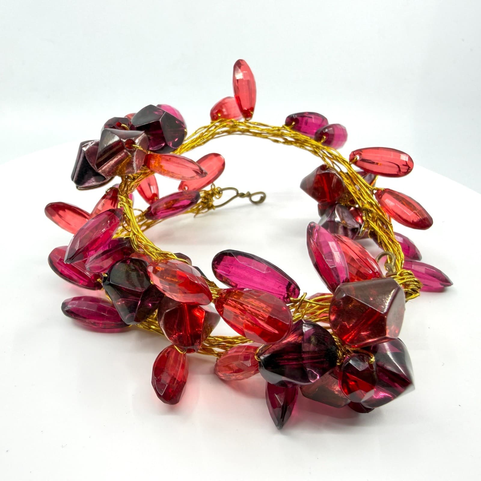 Gothic Red Lucite Statement Cuff Bracelet Chunky Gold Tone Wire Wrapped Layering - Thumbnail 2