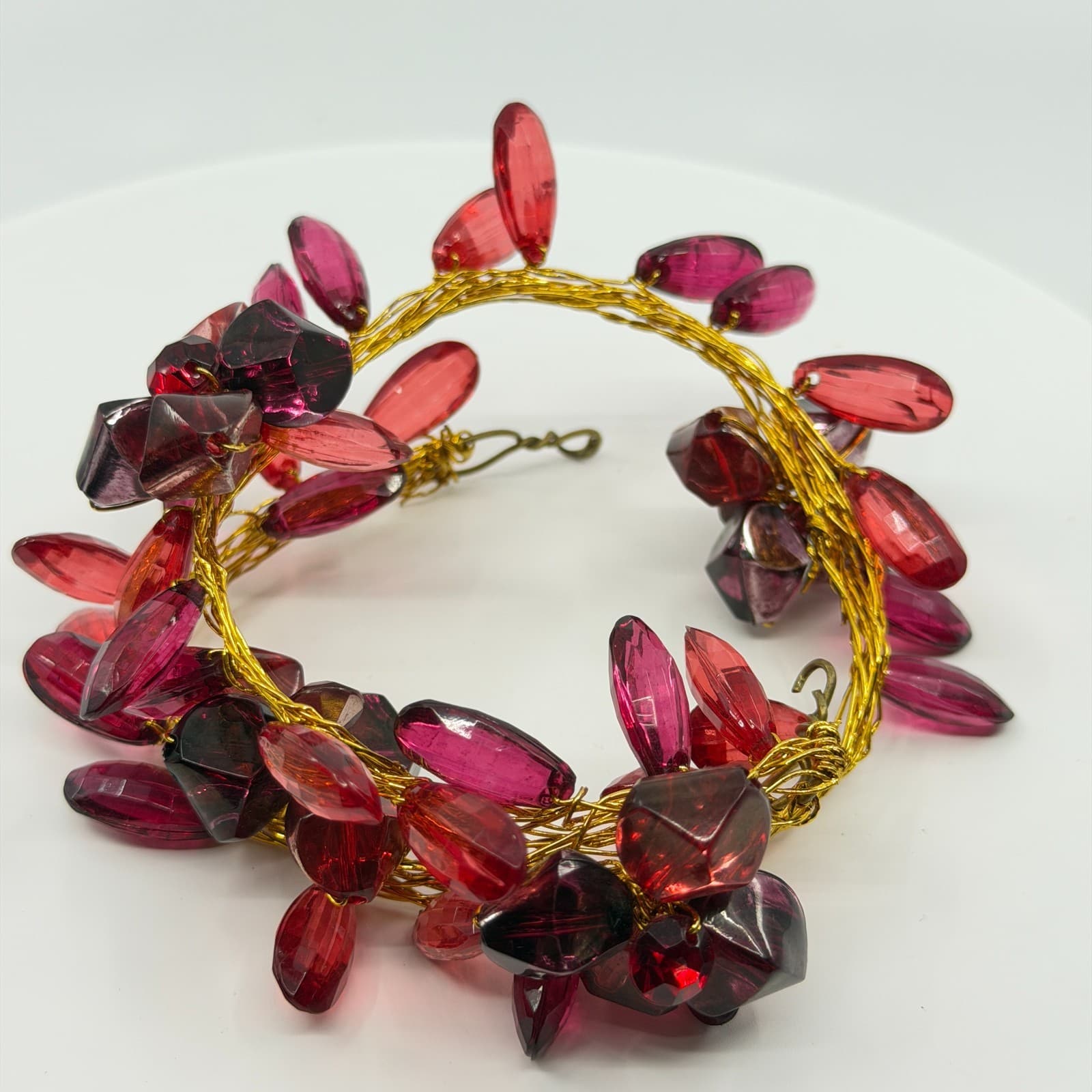Gothic Red Lucite Statement Cuff Bracelet Chunky Gold Tone Wire Wrapped Layering - Thumbnail 5