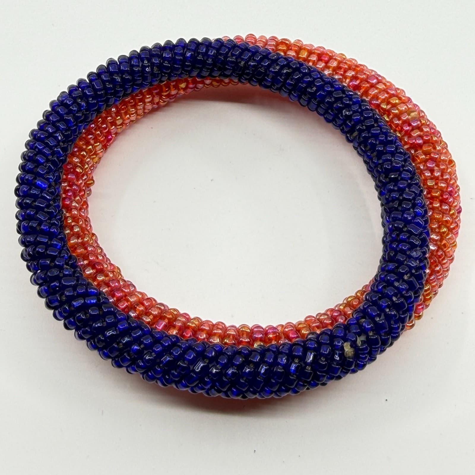 Boho Glass Seed Bead Roll On Bangle Bracelet Set Chunky Blue Pink Statement - Thumbnail 7