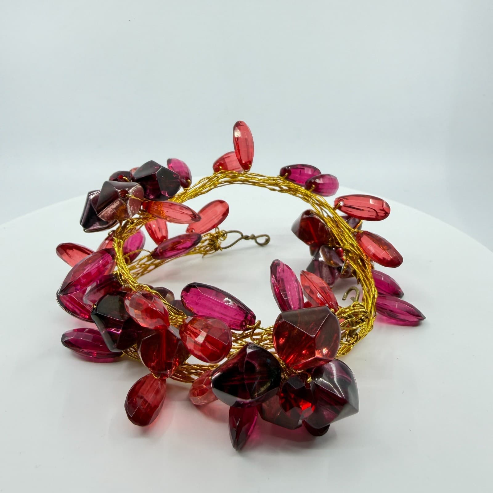 Gothic Red Lucite Statement Cuff Bracelet Chunky Gold Tone Wire Wrapped Layering - Thumbnail 4