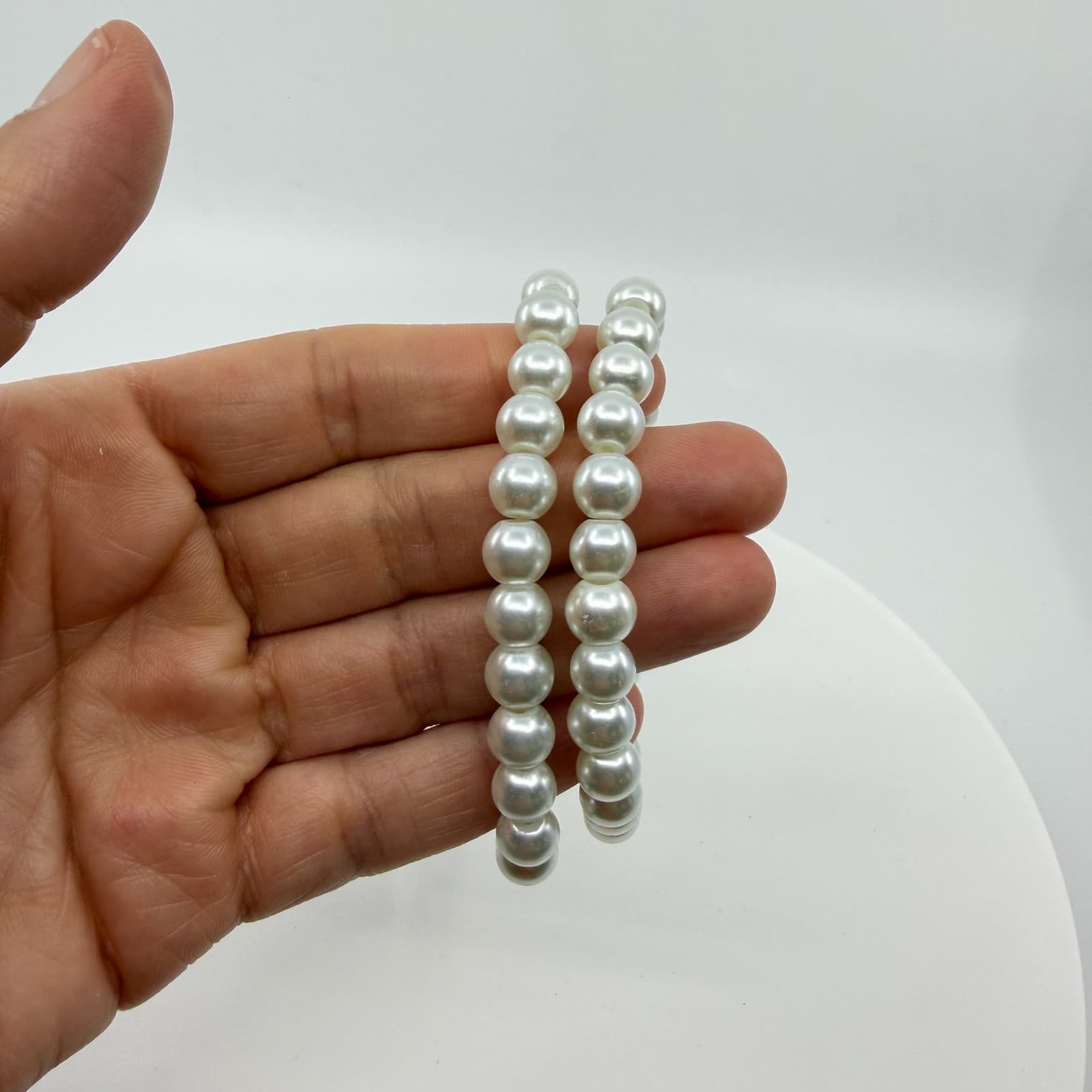 Elegant White Faux Pearl Double Strand Stretch Bracelet Set Chunky Boho Coquette - Thumbnail 6