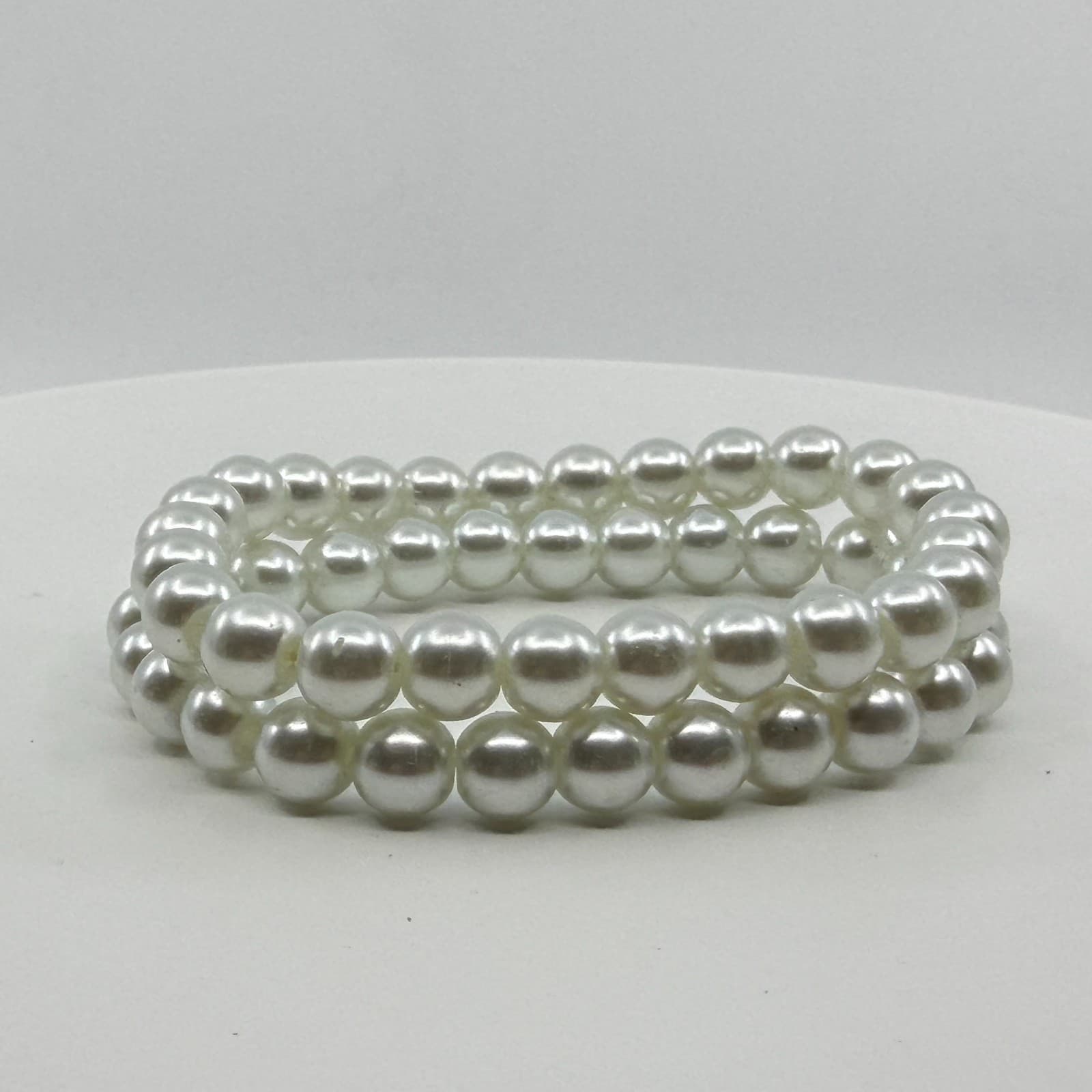 Elegant White Faux Pearl Double Strand Stretch Bracelet Set Chunky Boho Coquette - Thumbnail 4