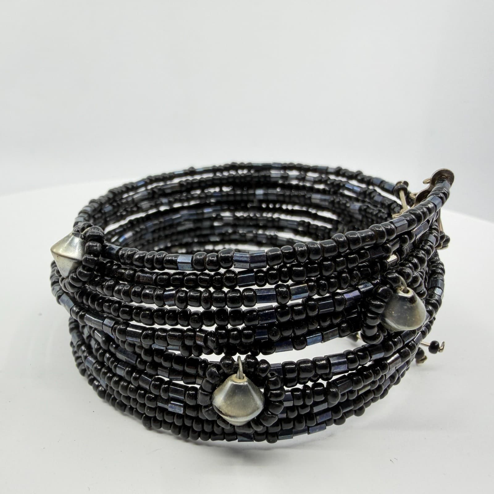 Gothic Black Seed Bead Multi Layer Memory Wire Wrap Cuff Bracelet Festival Gift - Thumbnail 2