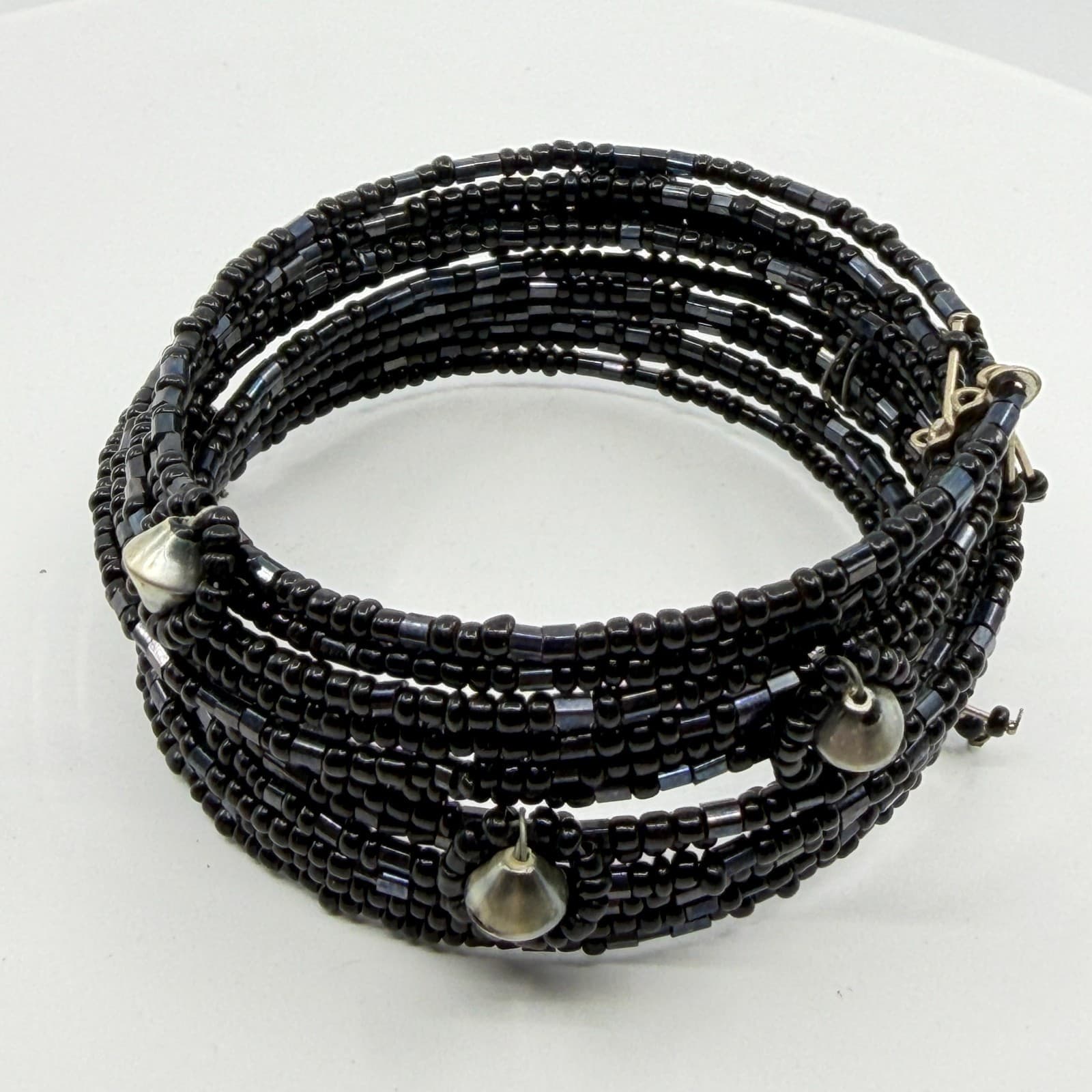 Gothic Black Seed Bead Multi Layer Memory Wire Wrap Cuff Bracelet Festival Gift - Thumbnail 3