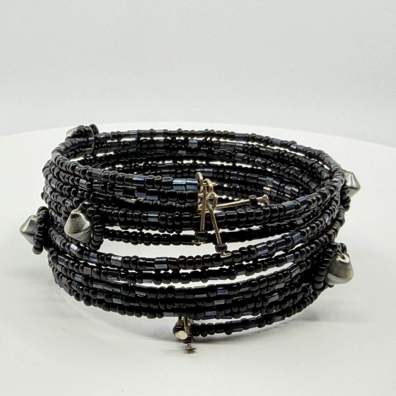 Gothic Black Seed Bead Multi Layer Memory Wire Wrap Cuff Bracelet Festival Gift - Thumbnail 6