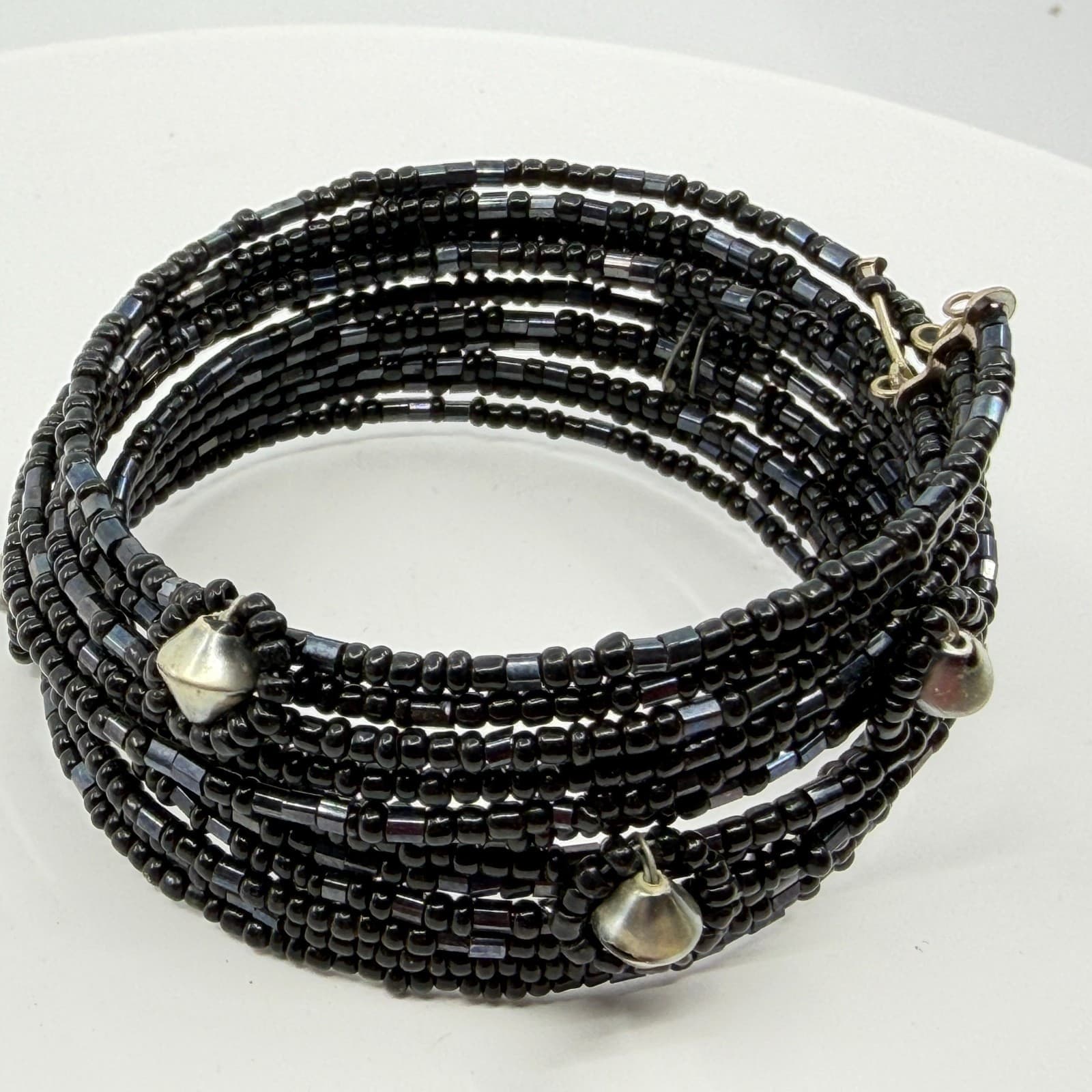 Gothic Black Seed Bead Multi Layer Memory Wire Wrap Cuff Bracelet Festival Gift - Thumbnail 5