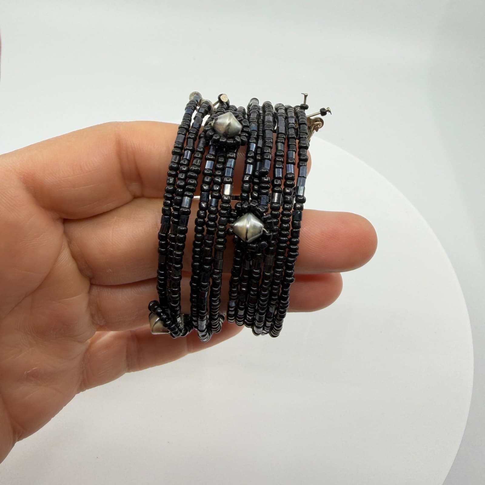 Gothic Black Seed Bead Multi Layer Memory Wire Wrap Cuff Bracelet Festival Gift - Thumbnail 7