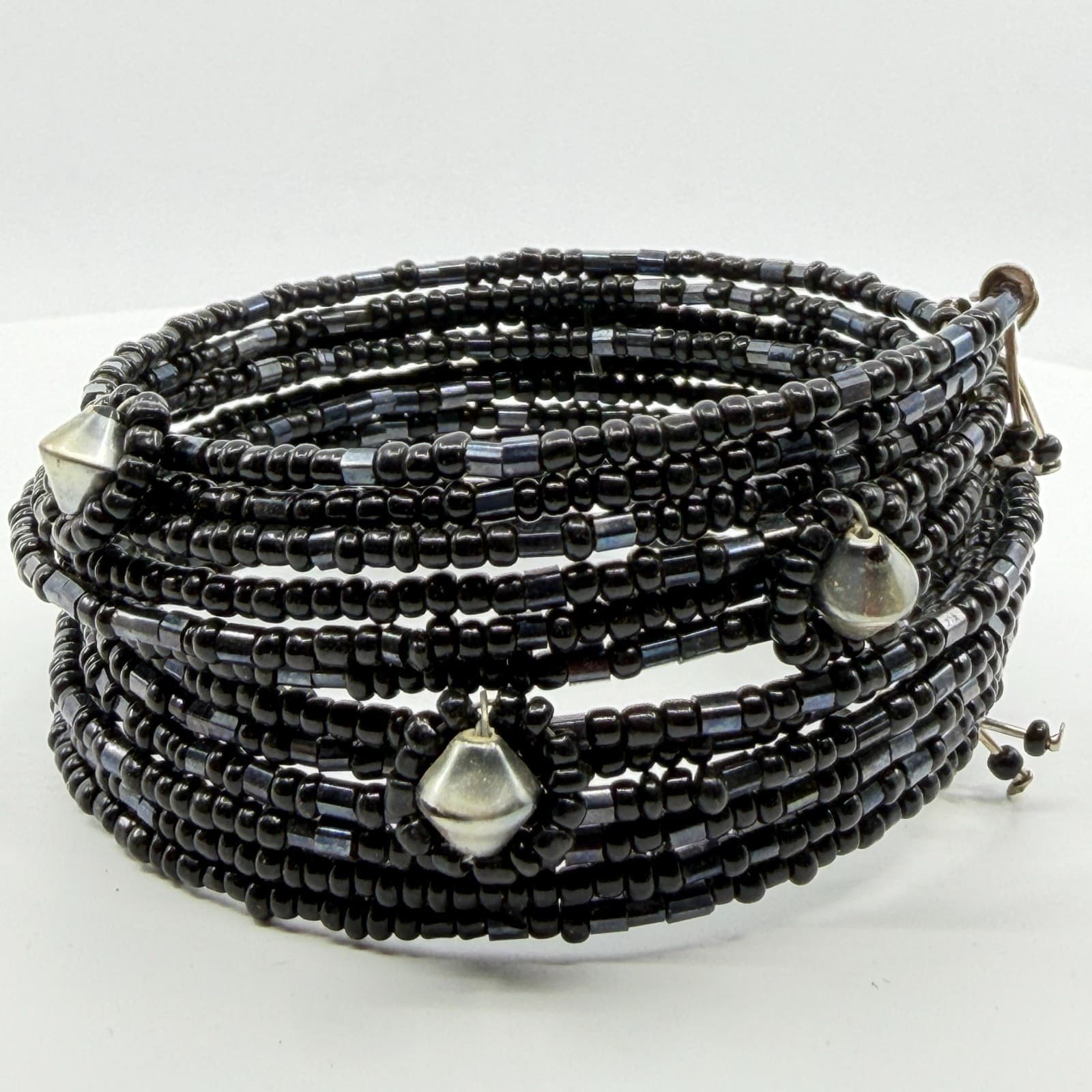 Gothic Black Seed Bead Multi Layer Memory Wire Wrap Cuff Bracelet Festival Gift - Thumbnail 4