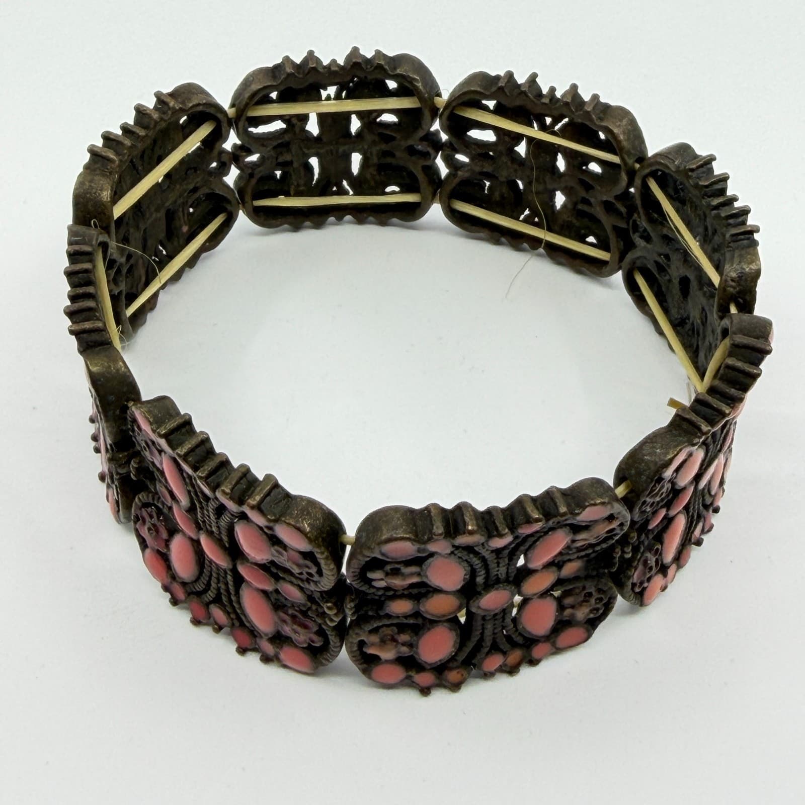 Gothic Bronze Tone Butterfly Stretch Panel Bracelet Chunky Coral Pink Statement - Thumbnail 3