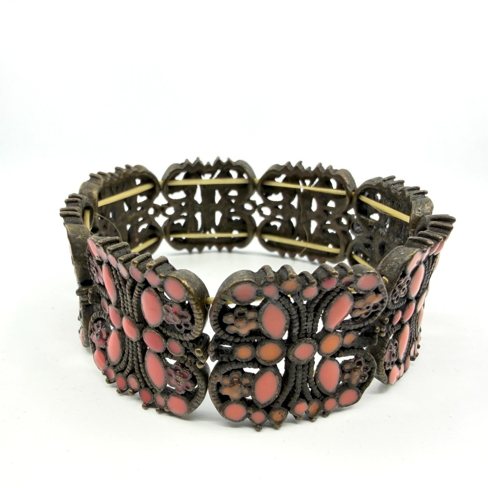 Gothic Bronze Tone Butterfly Stretch Panel Bracelet Chunky Coral Pink Statement