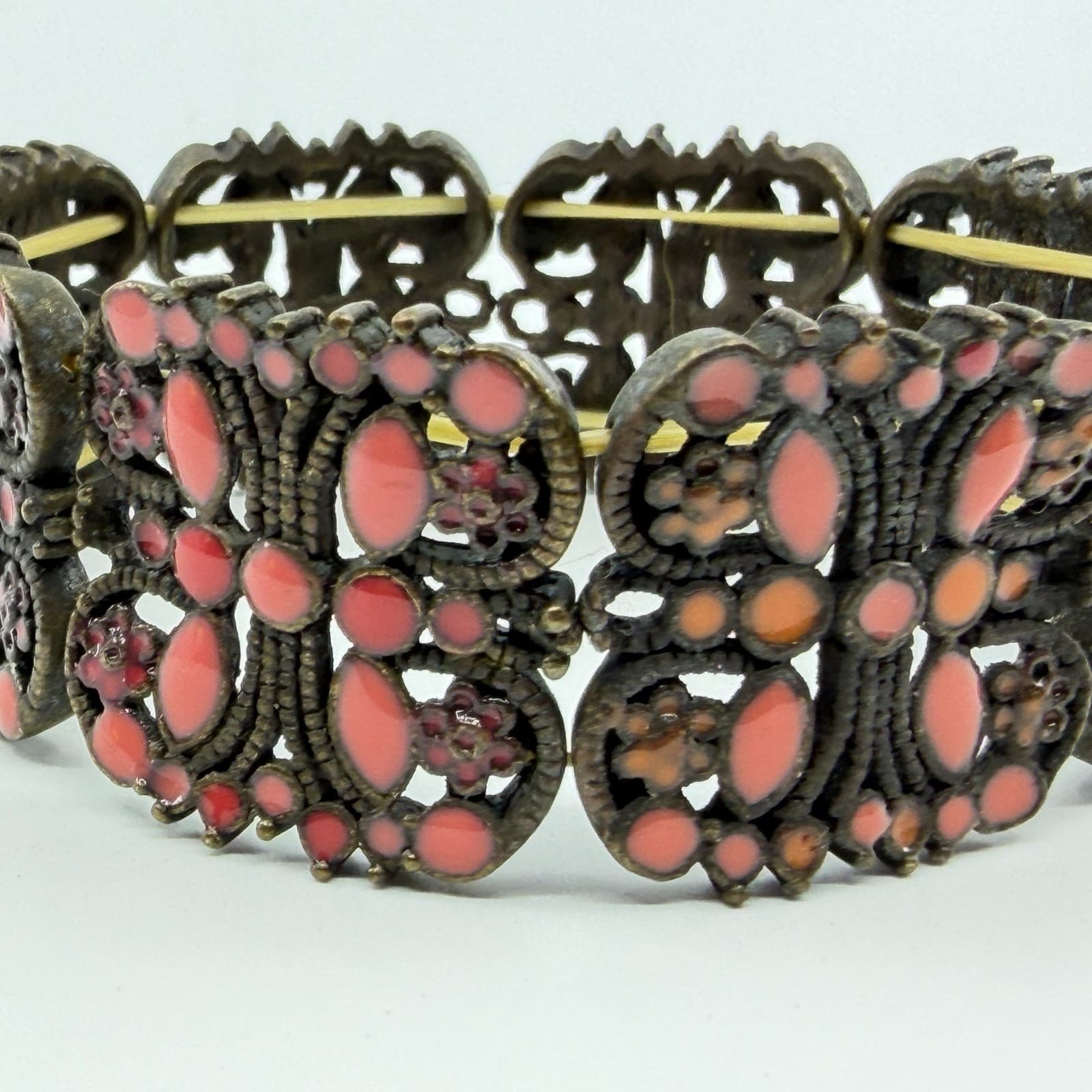 Gothic Bronze Tone Butterfly Stretch Panel Bracelet Chunky Coral Pink Statement - Thumbnail 4