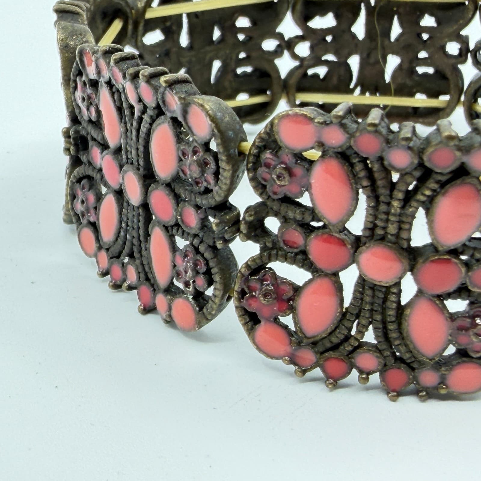 Gothic Bronze Tone Butterfly Stretch Panel Bracelet Chunky Coral Pink Statement - Thumbnail 5