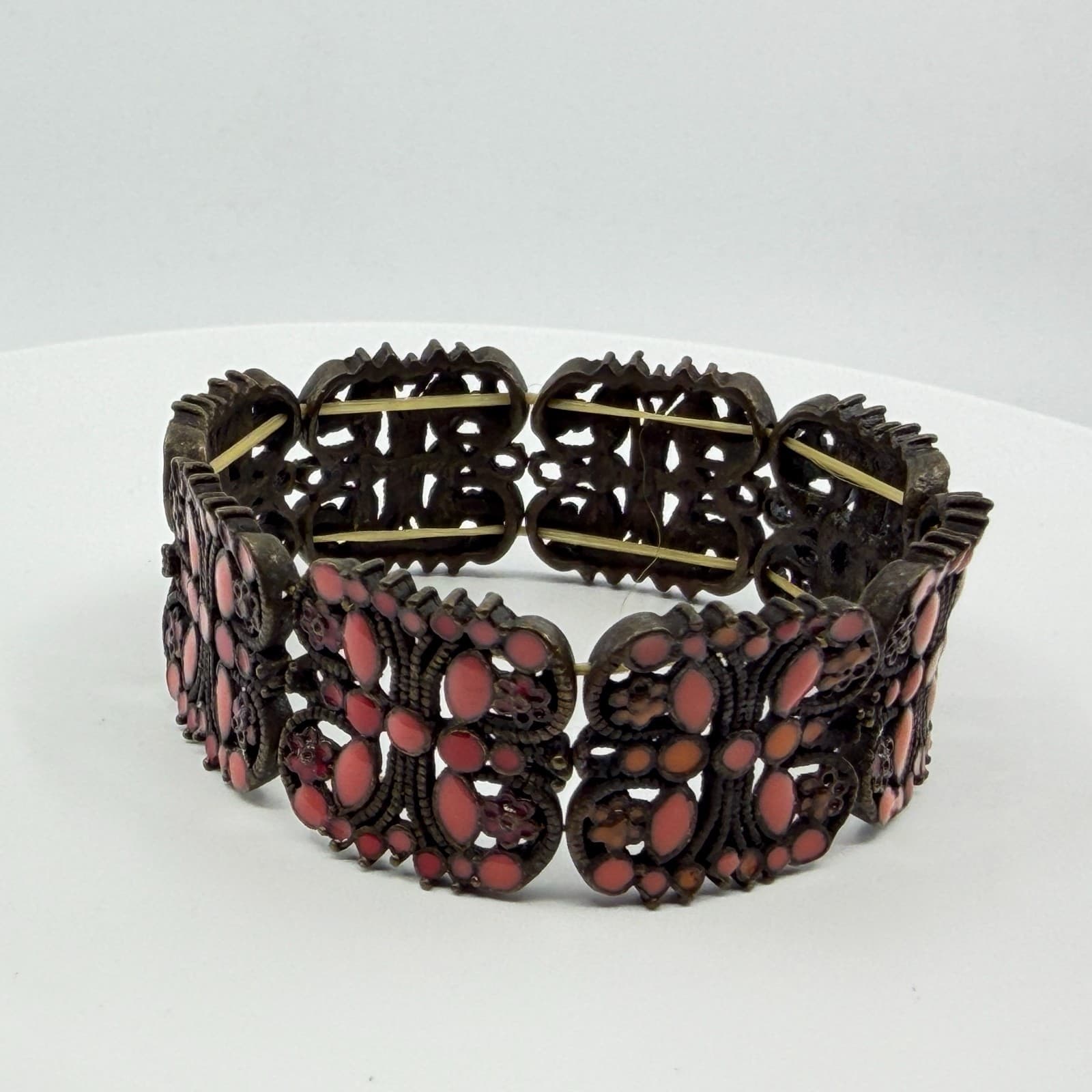 Gothic Bronze Tone Butterfly Stretch Panel Bracelet Chunky Coral Pink Statement - Thumbnail 7