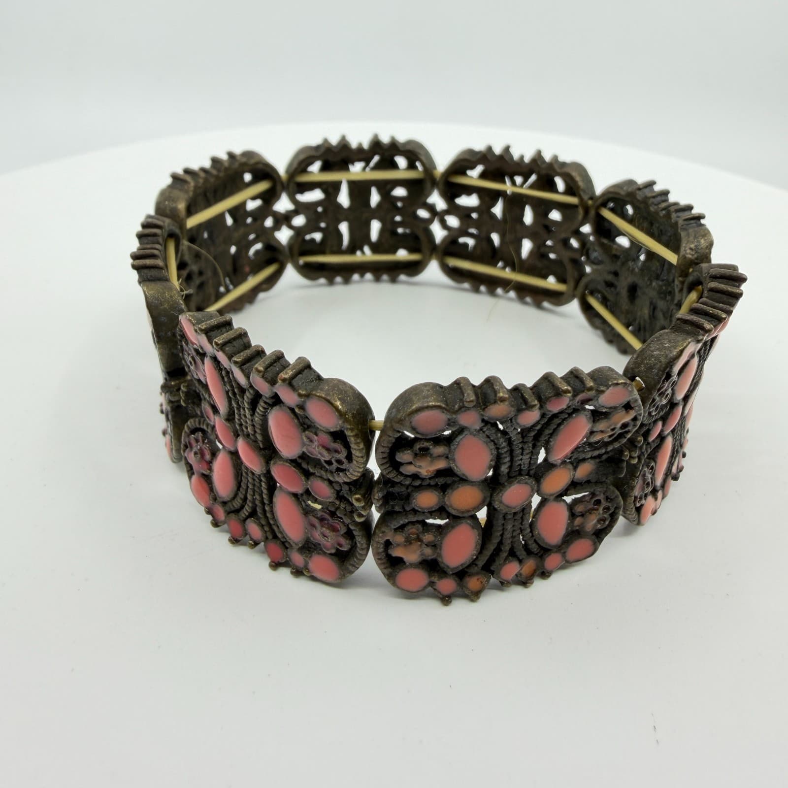Gothic Bronze Tone Butterfly Stretch Panel Bracelet Chunky Coral Pink Statement - Thumbnail 2