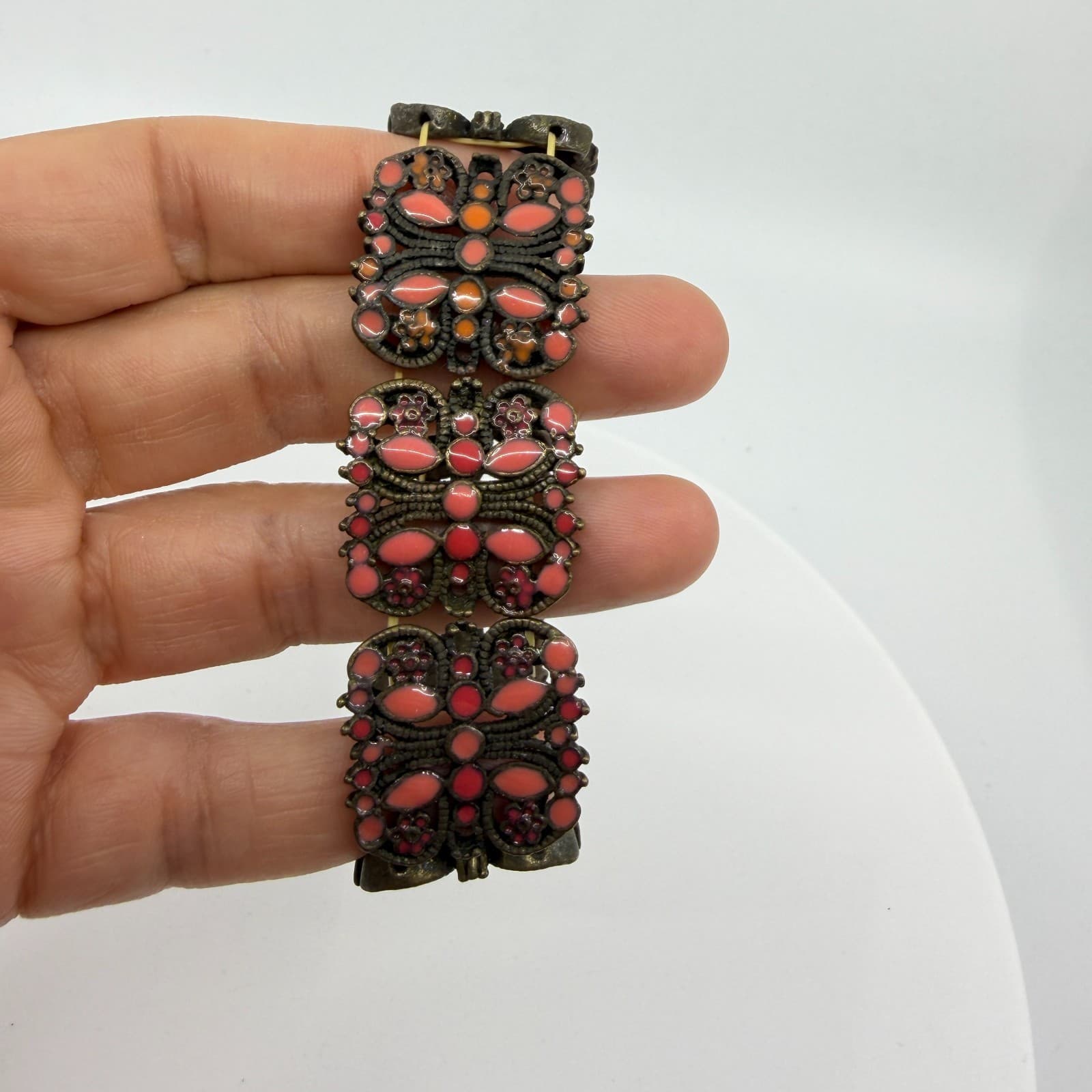 Gothic Bronze Tone Butterfly Stretch Panel Bracelet Chunky Coral Pink Statement - Thumbnail 8