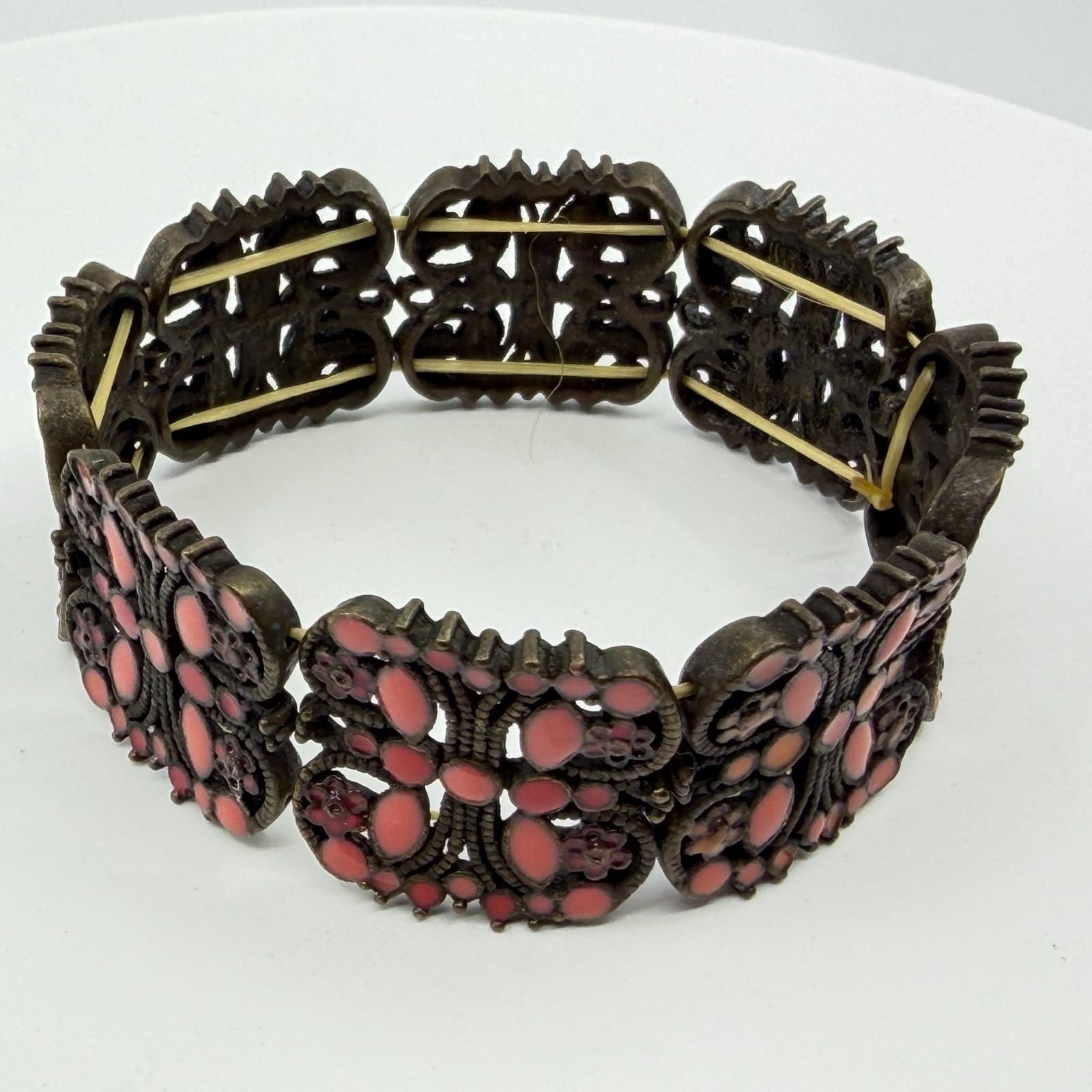 Gothic Bronze Tone Butterfly Stretch Panel Bracelet Chunky Coral Pink Statement - Thumbnail 6