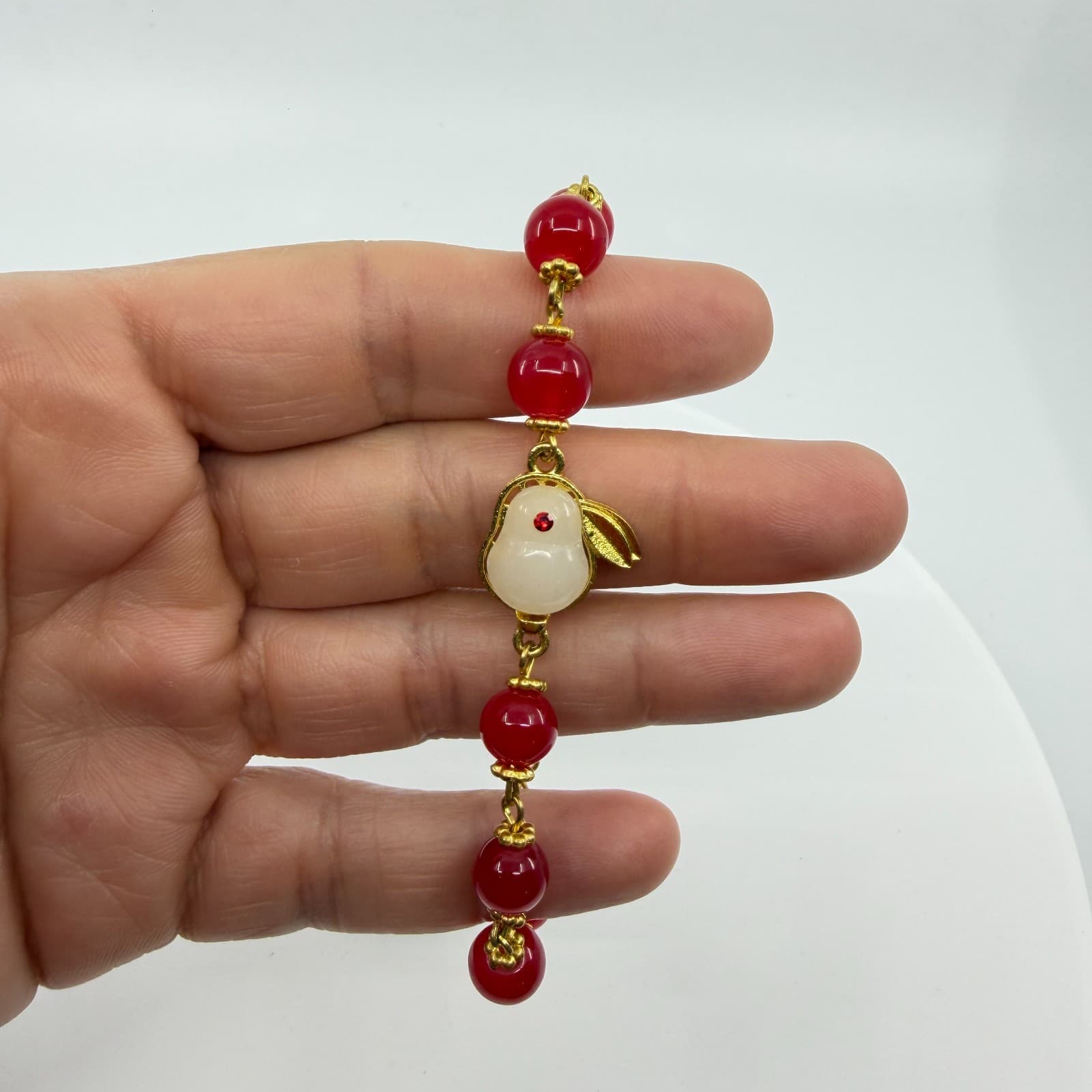 Red Agate Jade Carved Bunny Charm Bracelet Gold Tone Chinese New Year Gift - Thumbnail 7