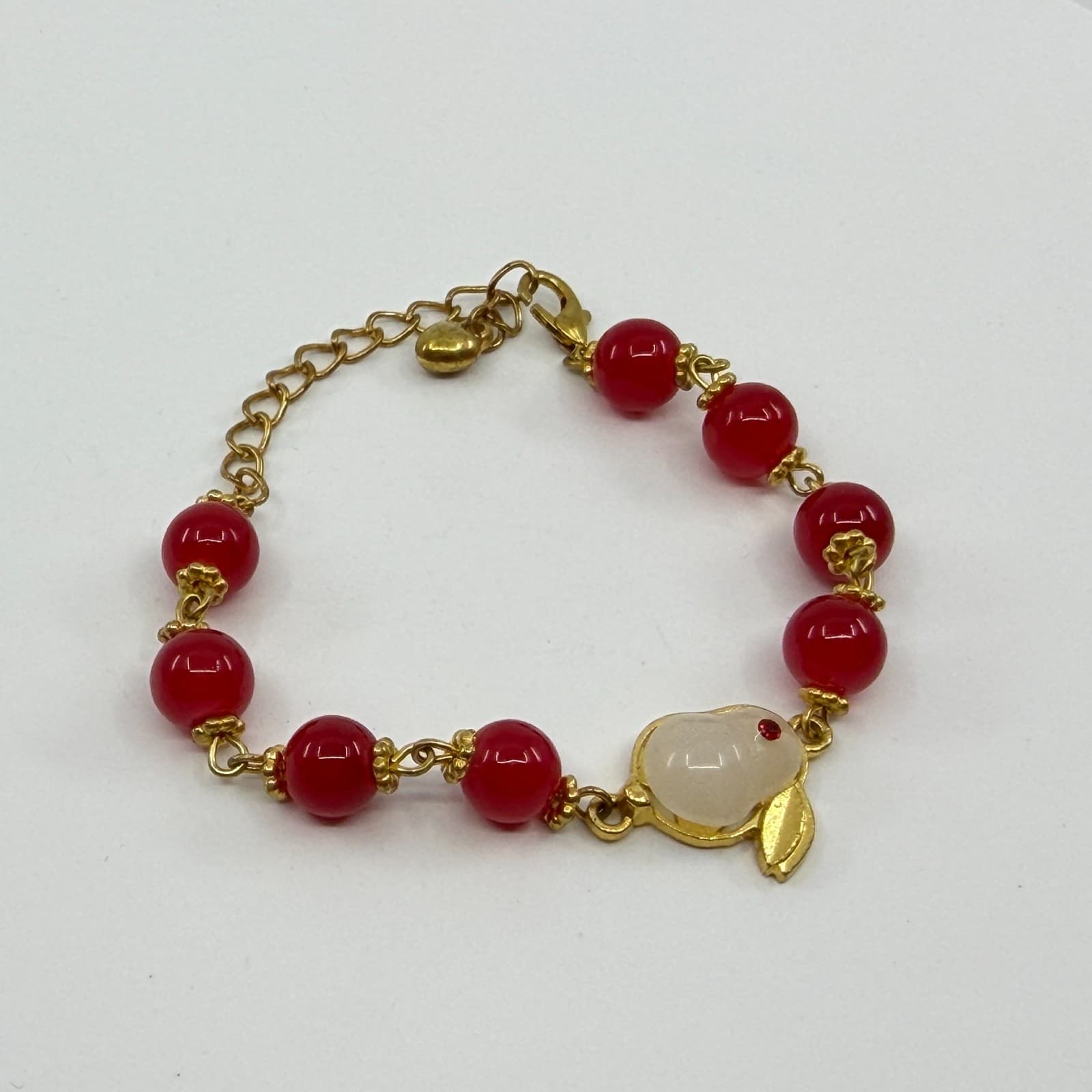 Red Agate Jade Carved Bunny Charm Bracelet Gold Tone Chinese New Year Gift - Thumbnail 5