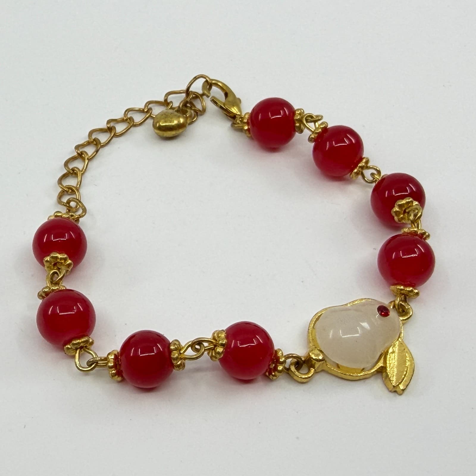 Red Agate Jade Carved Bunny Charm Bracelet Gold Tone Chinese New Year Gift - Thumbnail 2